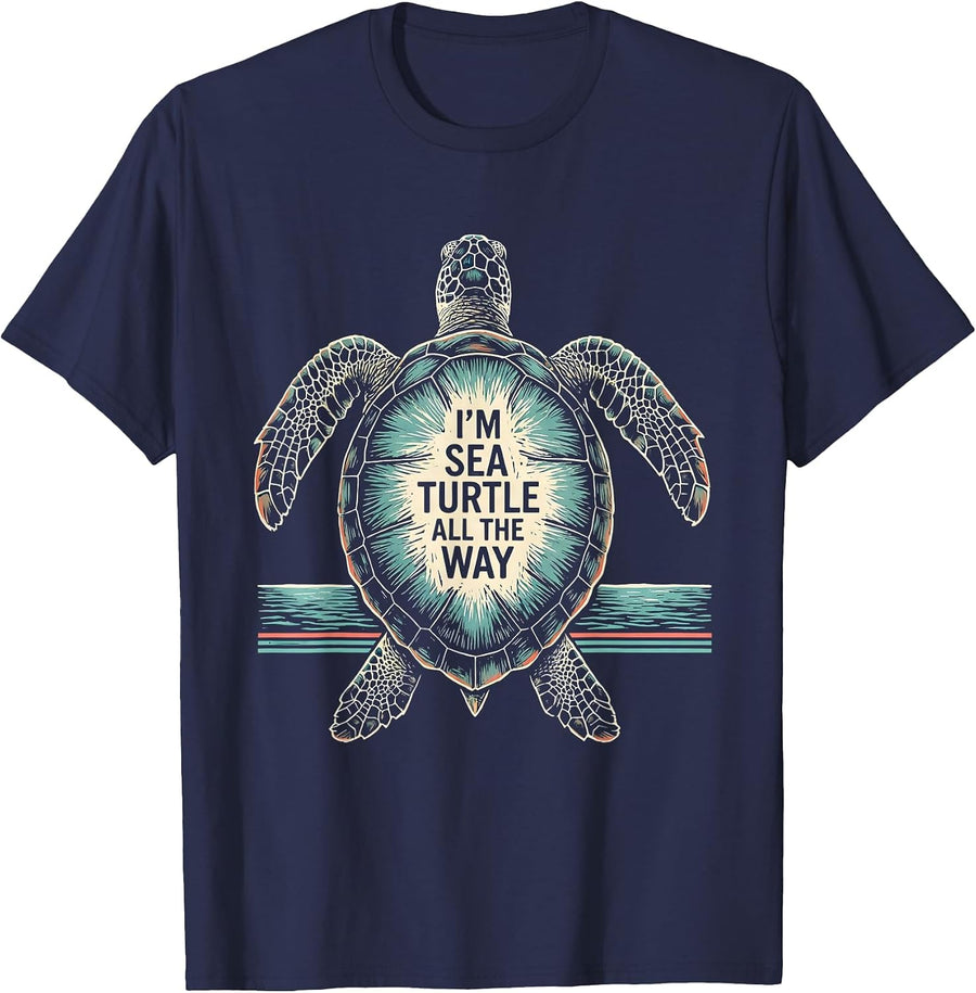 I'm Sea Turtle All The Way Linocut Sea Turtle Lover Vacation T-Shirt - Navy Blue