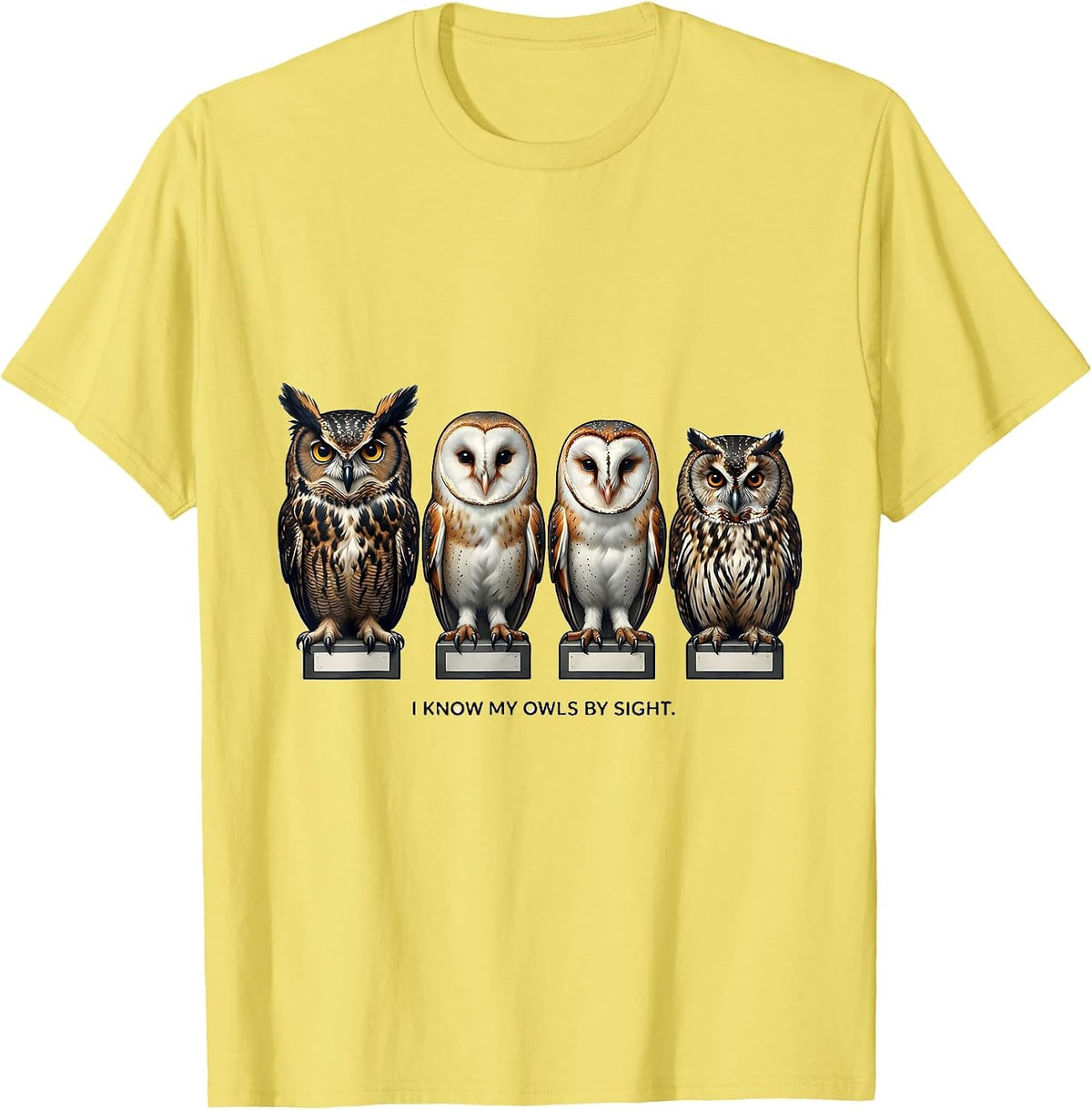 Men's I Know My Owls By Sight Funny Owl Lover Birdwatcher Humor T-Shirt - Lemon Yellow