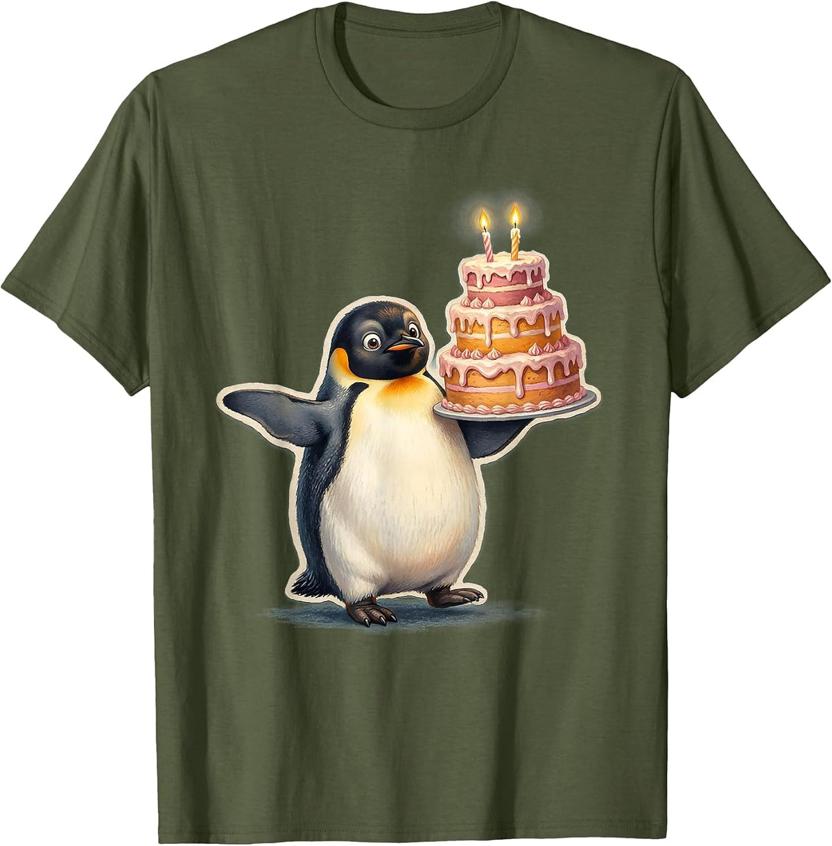 Penguin Balancing Cake 2nd Birthday Graphic T-Shirt - Olive Green