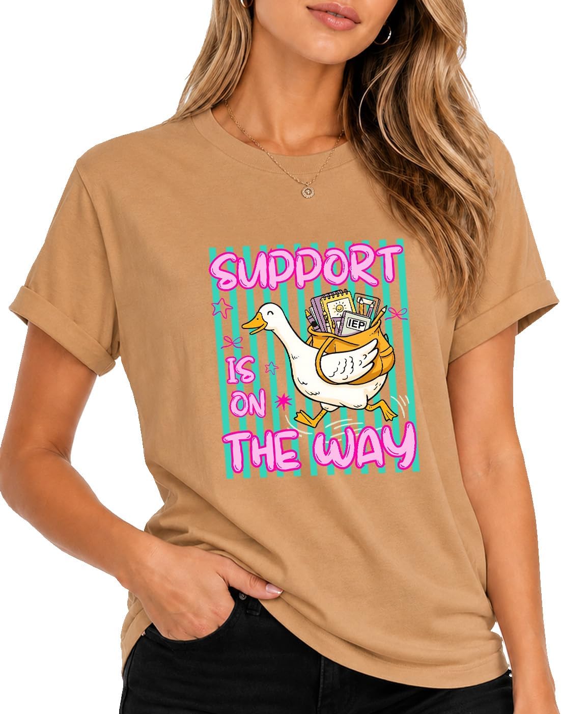 Support is On The Way Cute Goose Tshirt SPED Special Education Teacher Tee - Crew Neck Khika