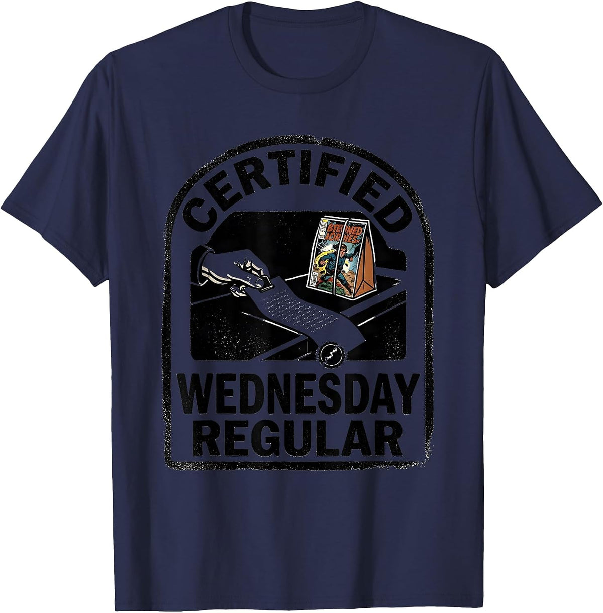 Men's Certified Wednesday Regular Rubber Stamp Comic Book T-Shirt - Navy Blue