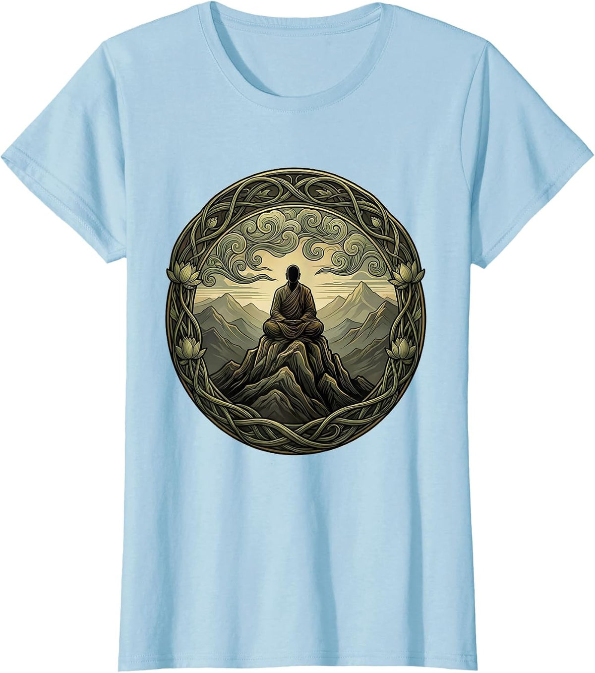 Monk Meditating Mountain Peak Silhouette T-Shirt - Baby Blue