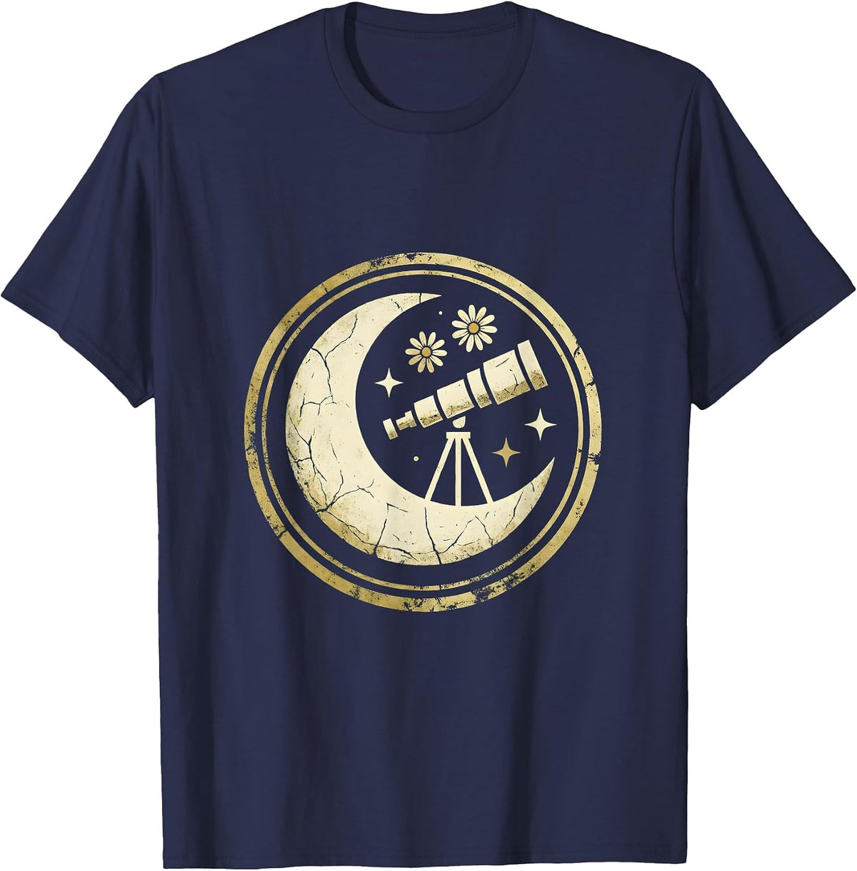 Vintage Telescope Starry Sky Astronomy Illustration T-Shirt - Navy Blue