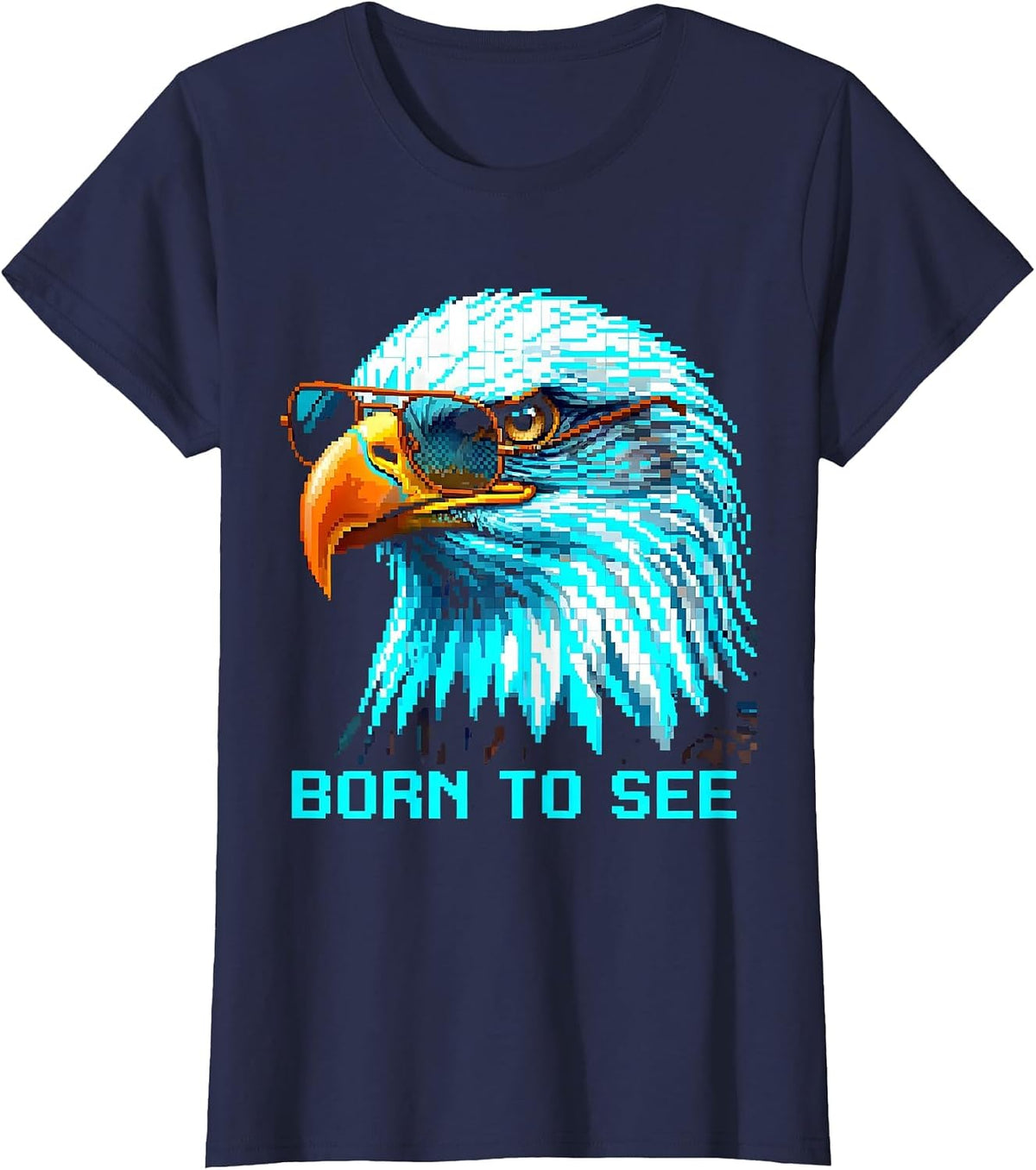 Women's Born To See Pixel Art Bald Eagle Wildlife Lover Pride Kids T-Shirt - Navy Blue