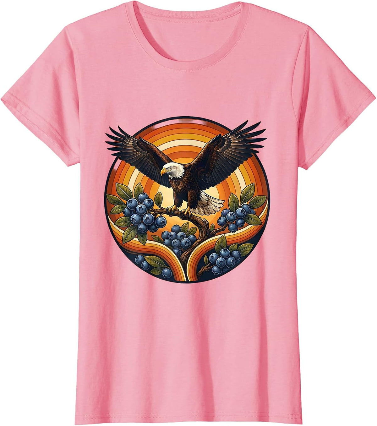 Women's Red White and Blueberries Bald Eagle Design T-Shirt - Pink