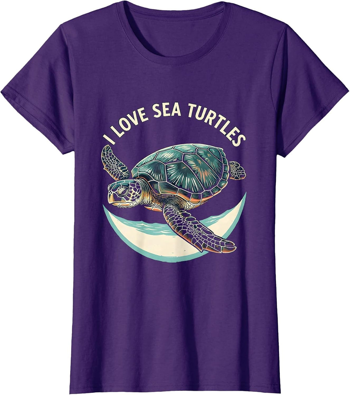 Women's I Love Sea Turtles Linocut Ocean Animal Lover Beach Casual T-Shirt - Purple