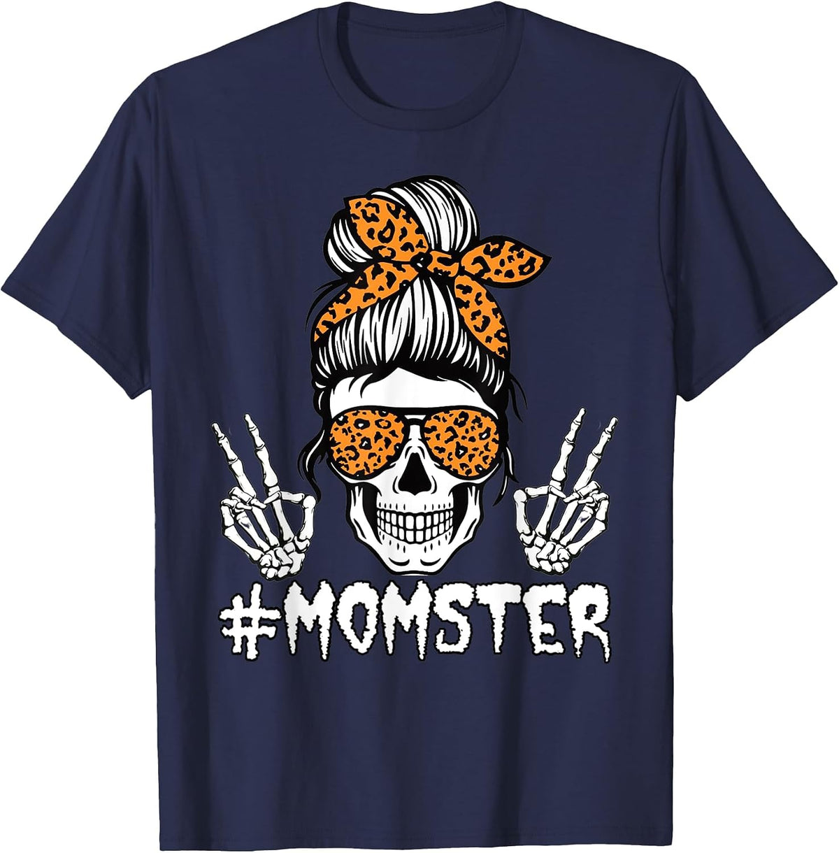 Momster Halloween Skull Mom Leopard Messy Bun Hair Monster T-Shirt - Navy Blue