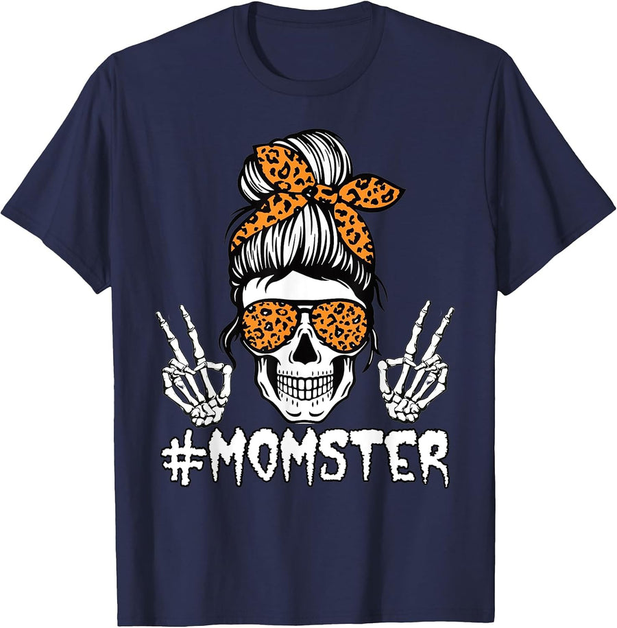 Momster Halloween Skull Mom Leopard Messy Bun Hair Monster T-Shirt - Navy Blue