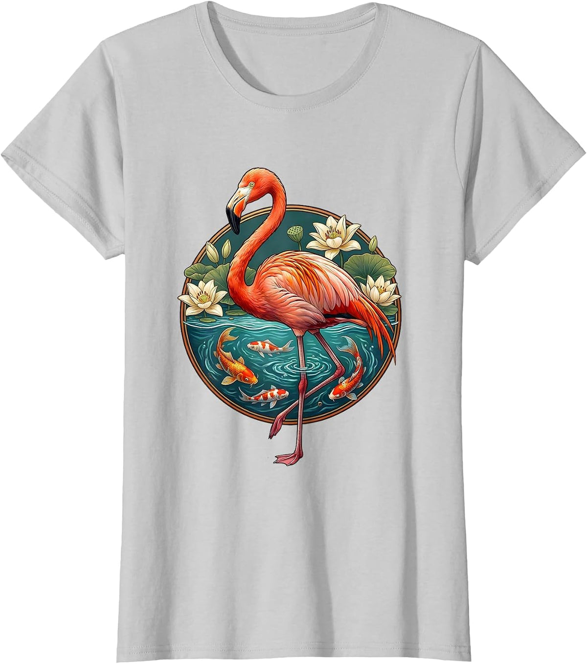 Flamingo and Koi Fish Harmony Graphic Design T-Shirt - Silver Grey