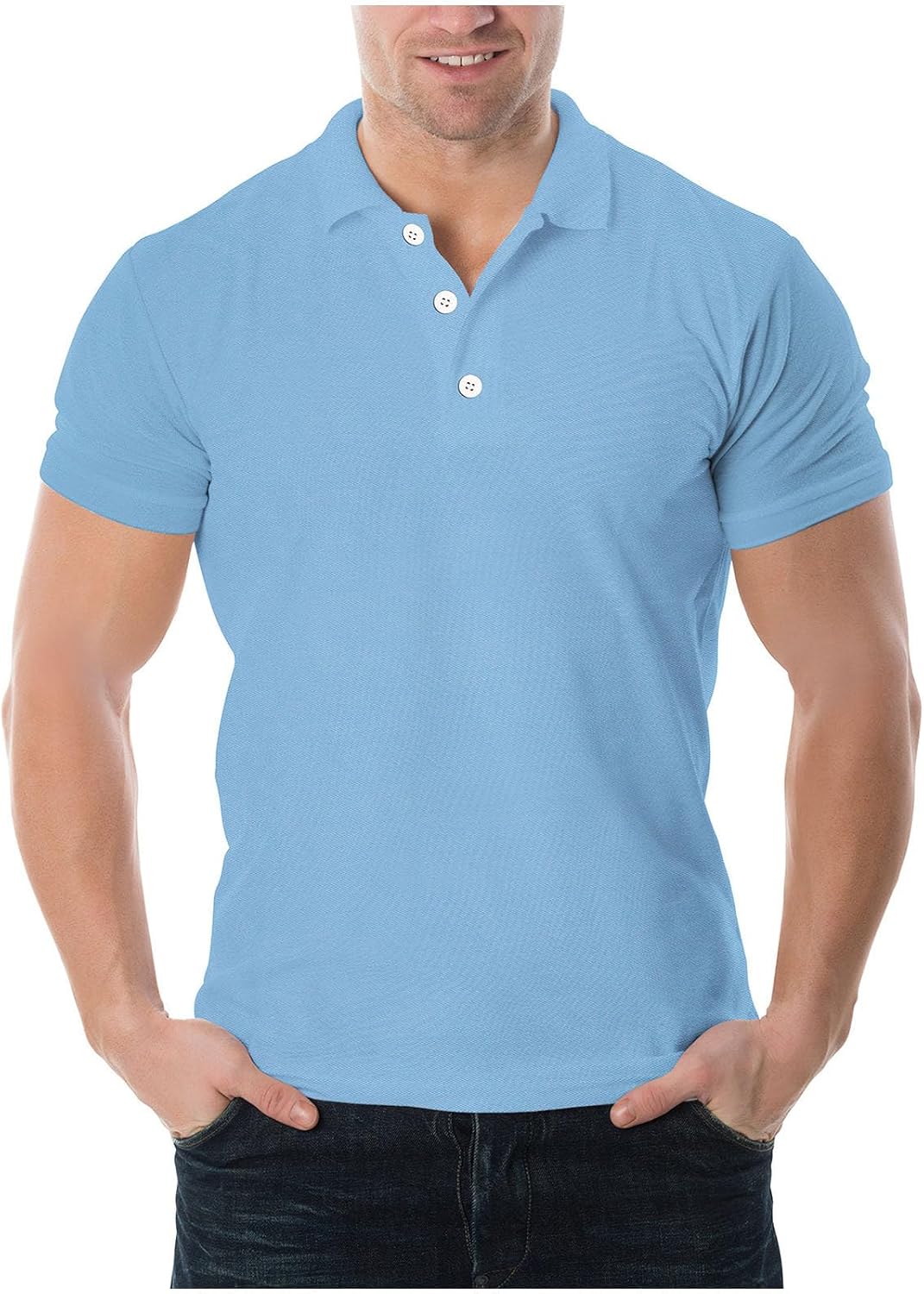 Mens Golf Shirts Casual Short Sleeve Classic Fit Stretch Solid Tees Fashion Collared Button Blouse Tops - Sky Blue