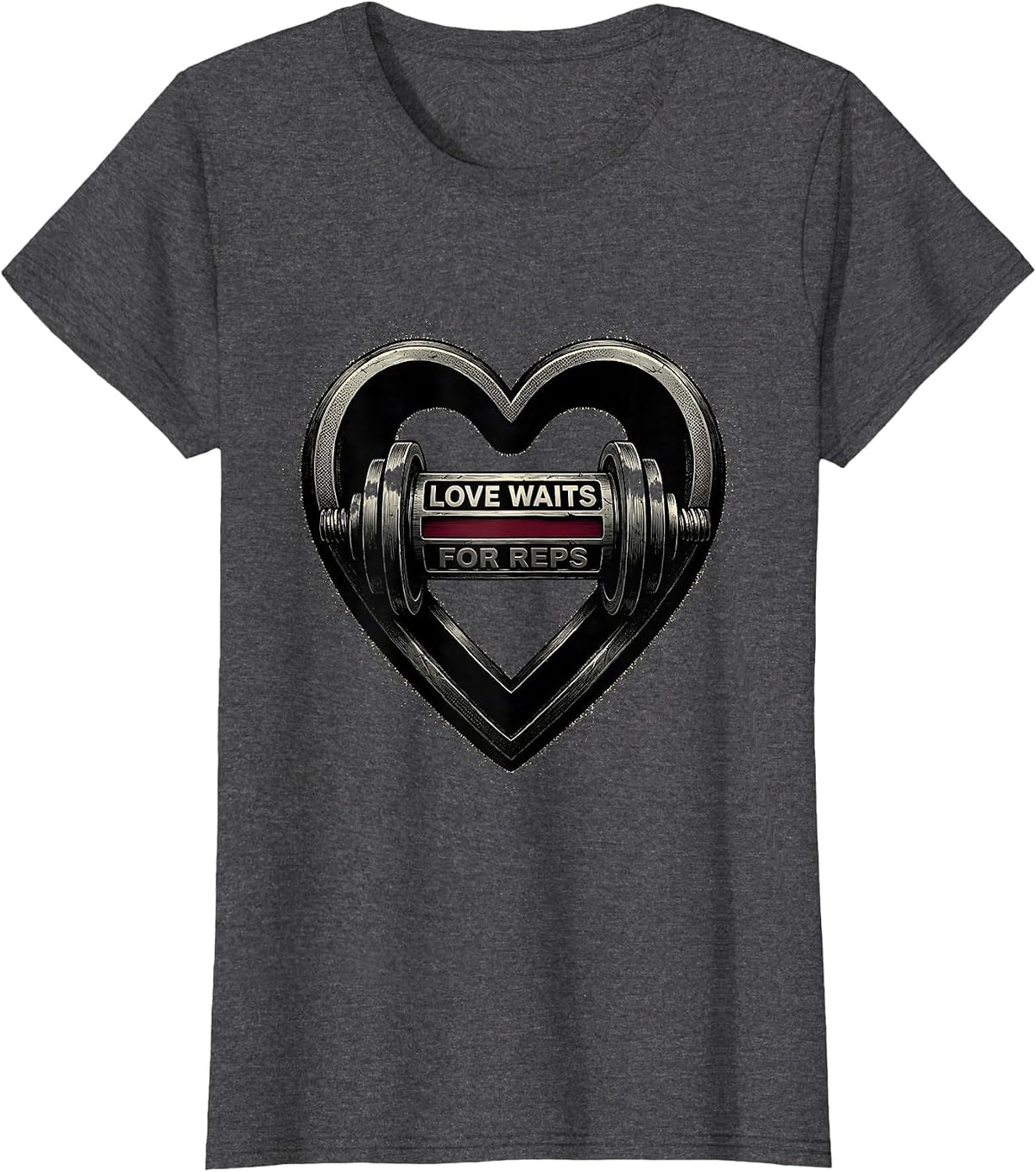 Women's Love Waits For Reps Blackwork Dotwork Gym Humor Valentine T-Shirt - Dark Heather Grey