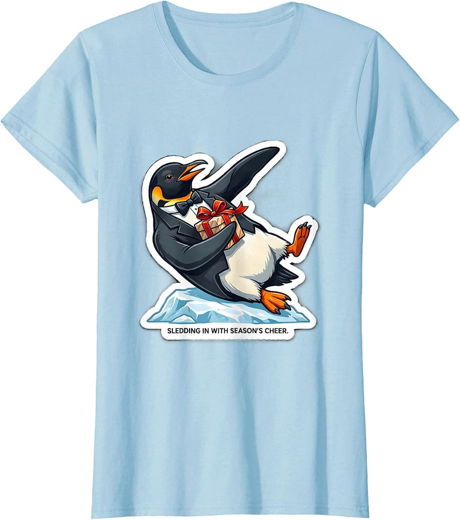Women's Sledding In With Season's Cheer Funny Penguin Lover Gift T-Shirt - Baby Blue