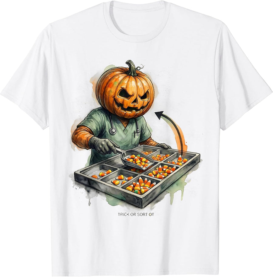 Trick Or Sort OT Watercolor Occupational Therapist Halloween T-Shirt - White
