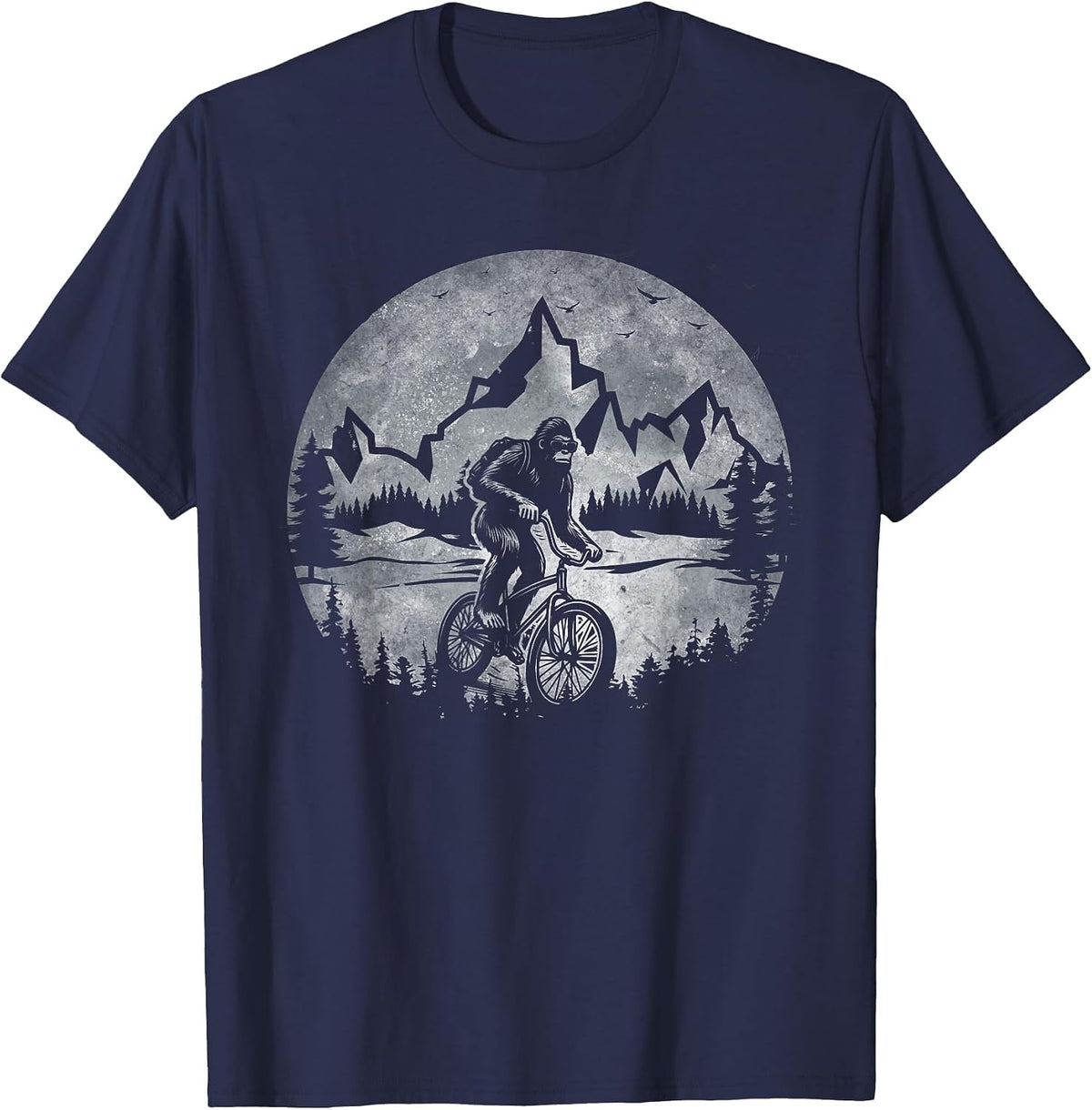 Bigfoot Riding Bicycle Mountain Biking Moon Bigfoot Cycling T-Shirt - Navy Blue