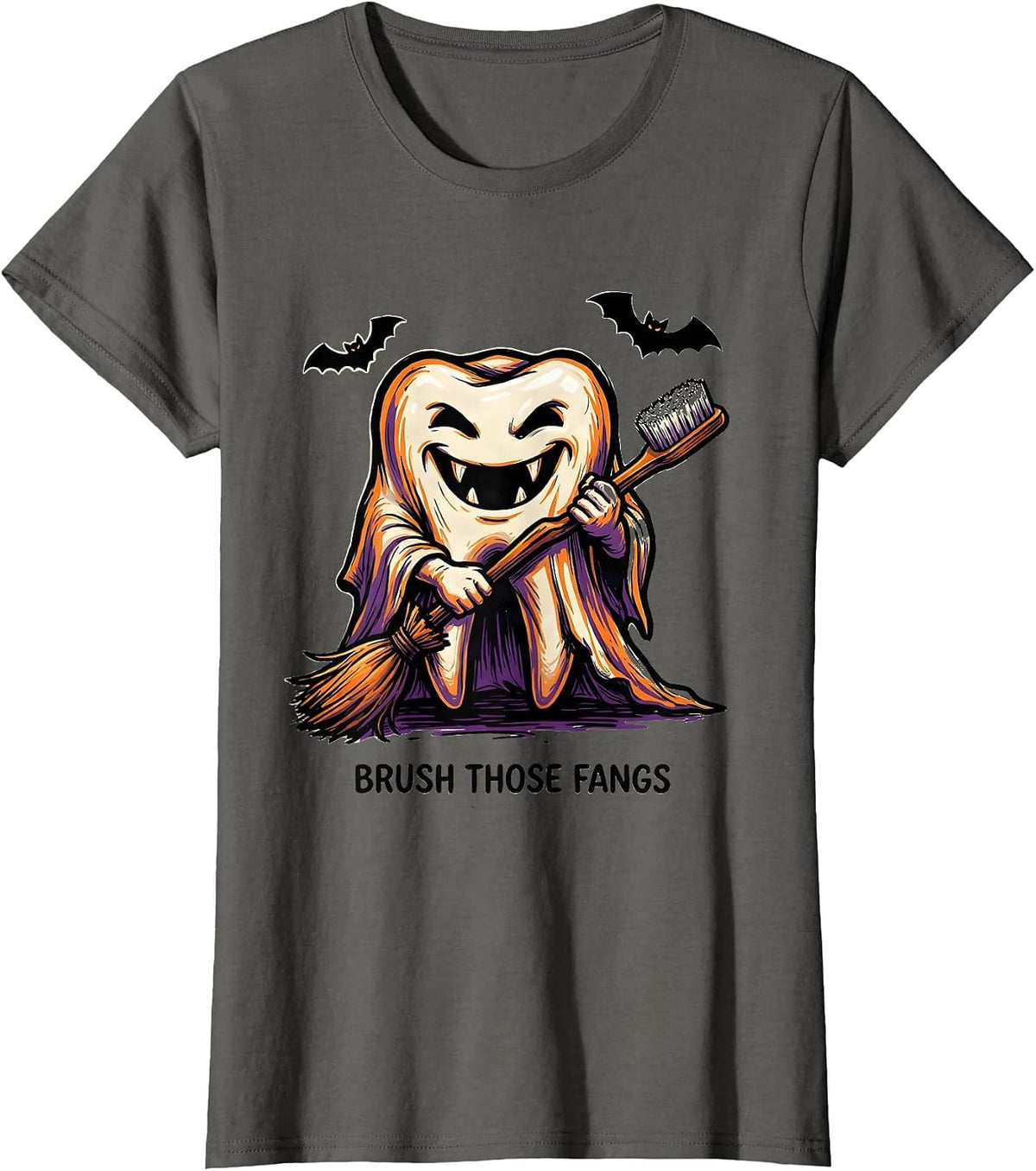 Women's Brush Those Fangs Funny Dental Hygienist Ghost Halloween T-Shirt - Asphalt Grey