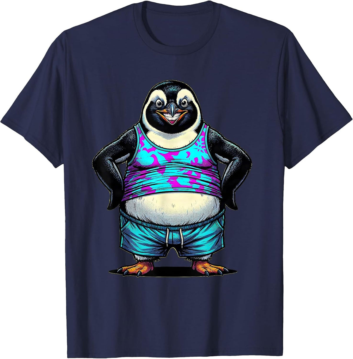 Funny Portly Penguin in Tank Top and Shorts T-Shirt - Navy Blue