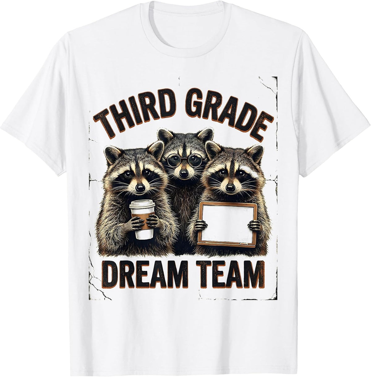 Men's Third Grade Dream Team Distressed Raccoon Teacher Back T-Shirt - White
