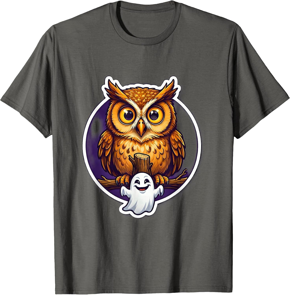 Men's Startled Owl and Ghost Funny Halloween Design T-Shirt - Asphalt Grey