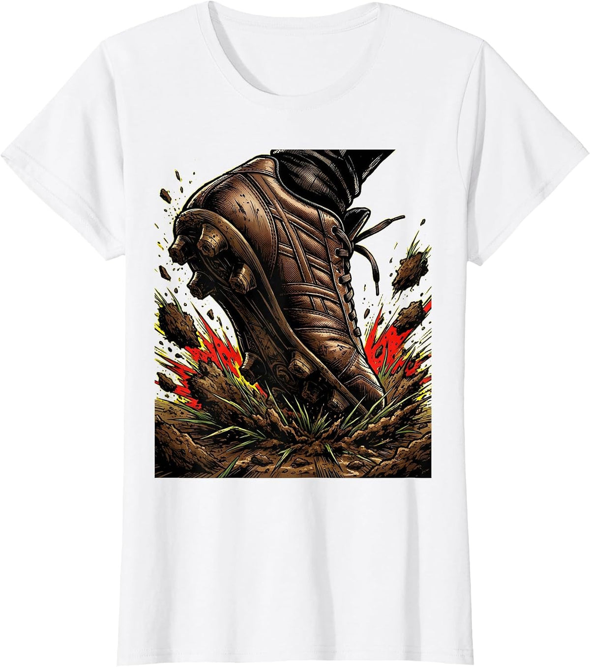 Rugby Muddy Boots Stomping Grass Illustration T-Shirt - White
