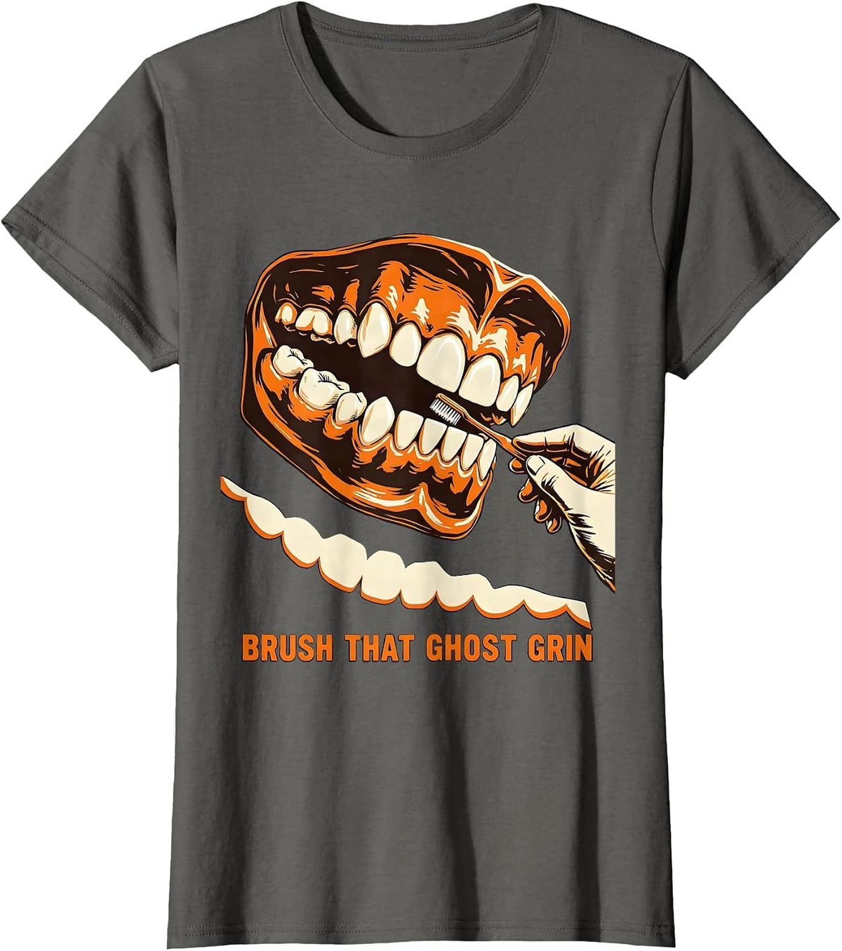Women's Brush That Ghost Grin Wood Type Dental Hygienist Halloween T-Shirt - Asphalt Grey