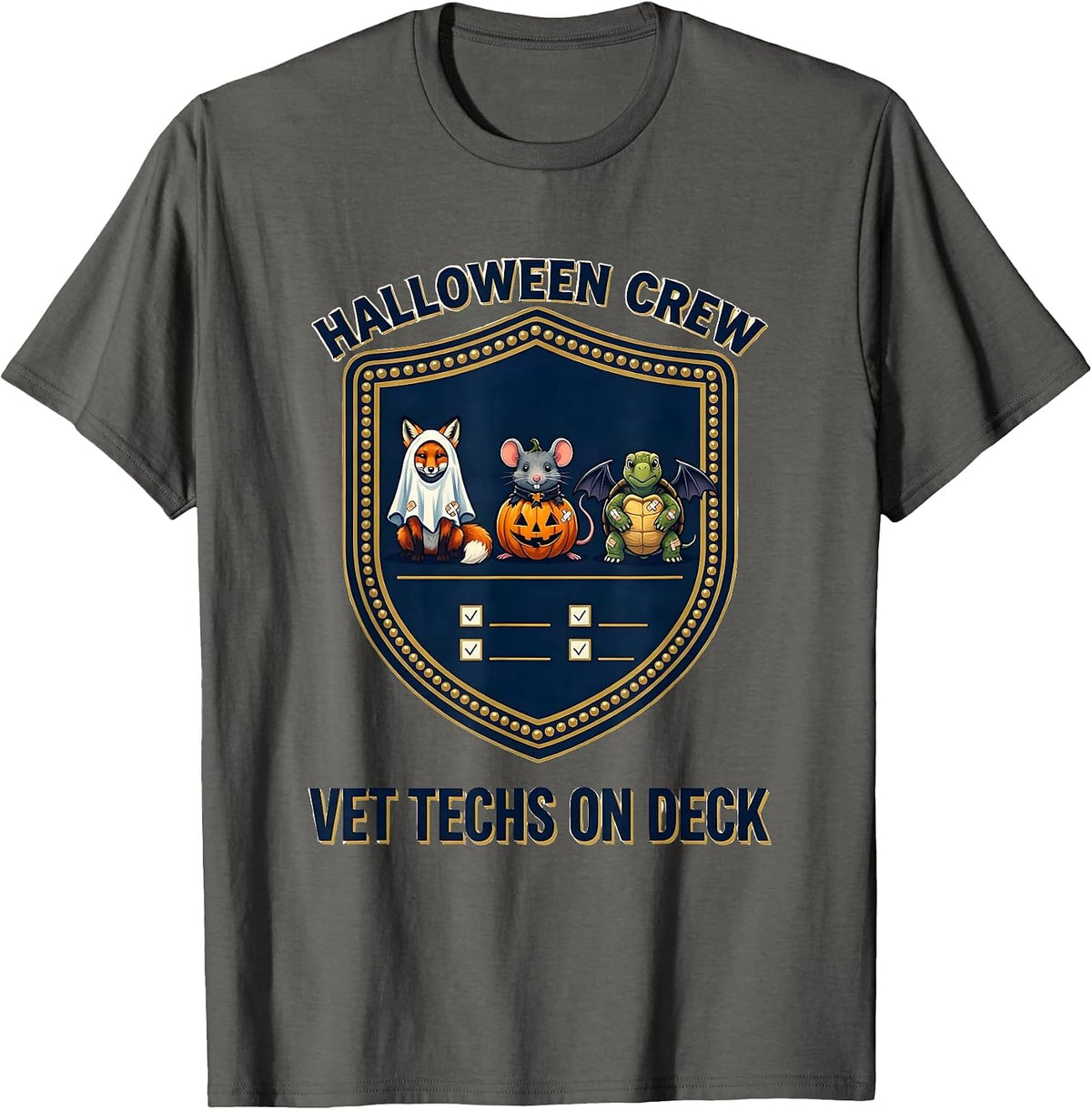 Men's Halloween Crew Vet Techs On Deck Whimsical Workplace Humor T-Shirt - Asphalt Grey