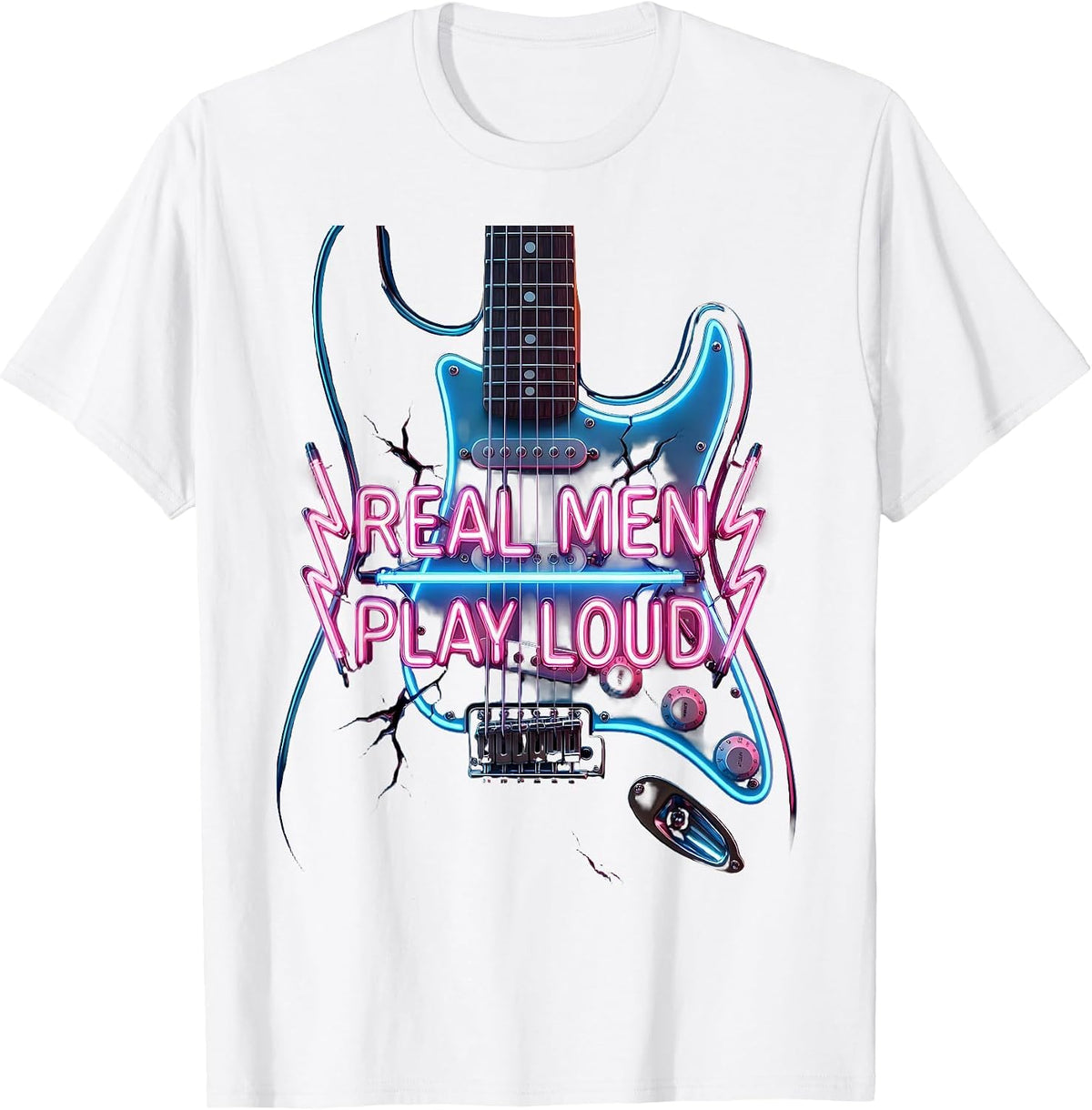 Men's Real Men Play Loud Rock Music Graphic Design T-Shirt - White