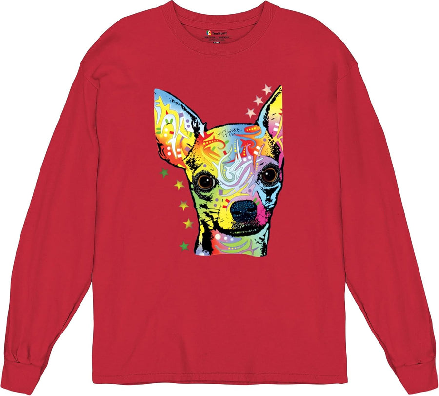 Tee Hunt Dean Russo Cute Chihuahua Long Sleeve T-Shirt Neon Colorful Small Dog - Red