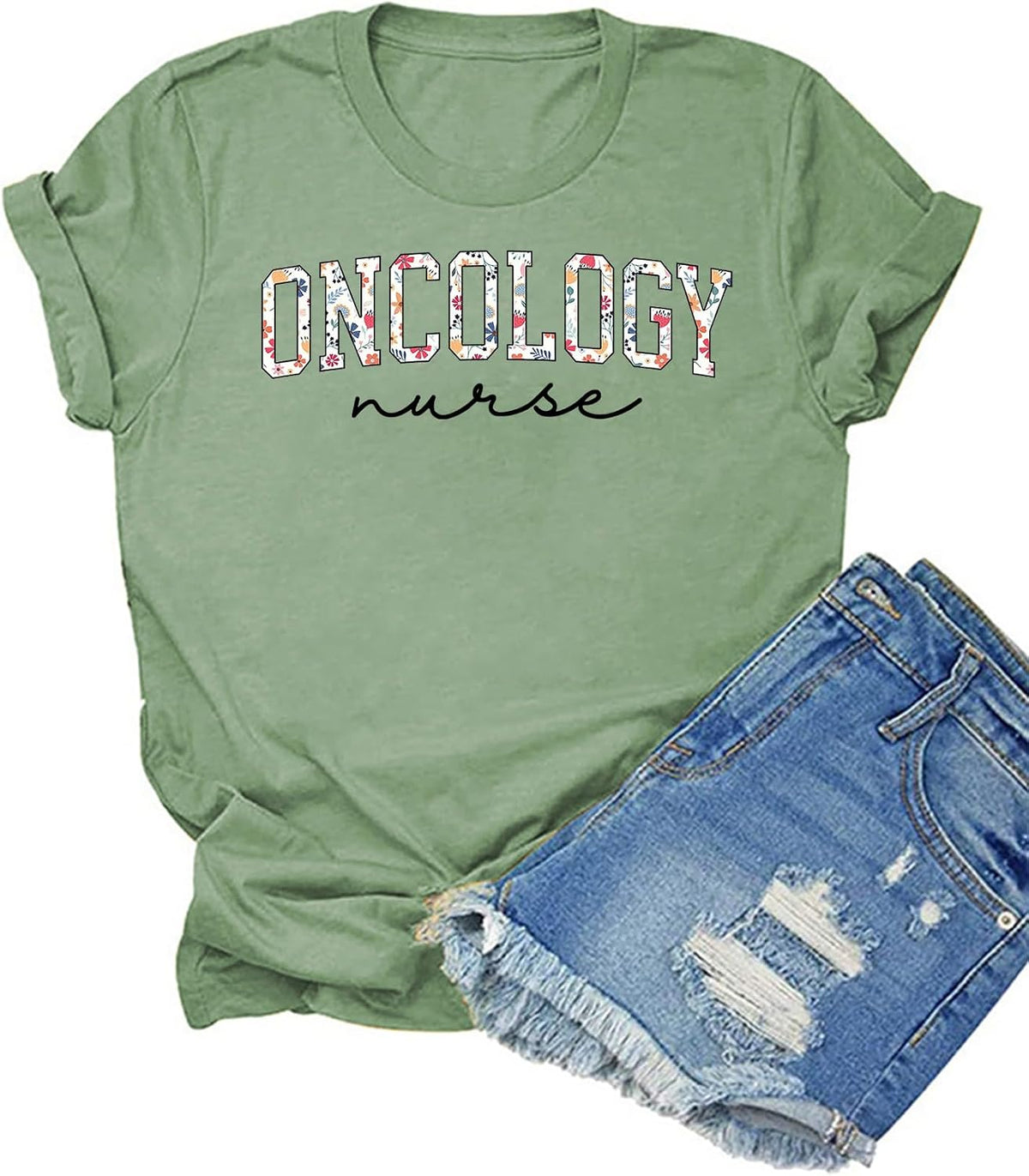 HONTOUTE Womens Oncology Nurse Flower Graphic T-Shirt Nurse Life Short Sleeve Summer Medical Profession Fit Tees Tops - Green