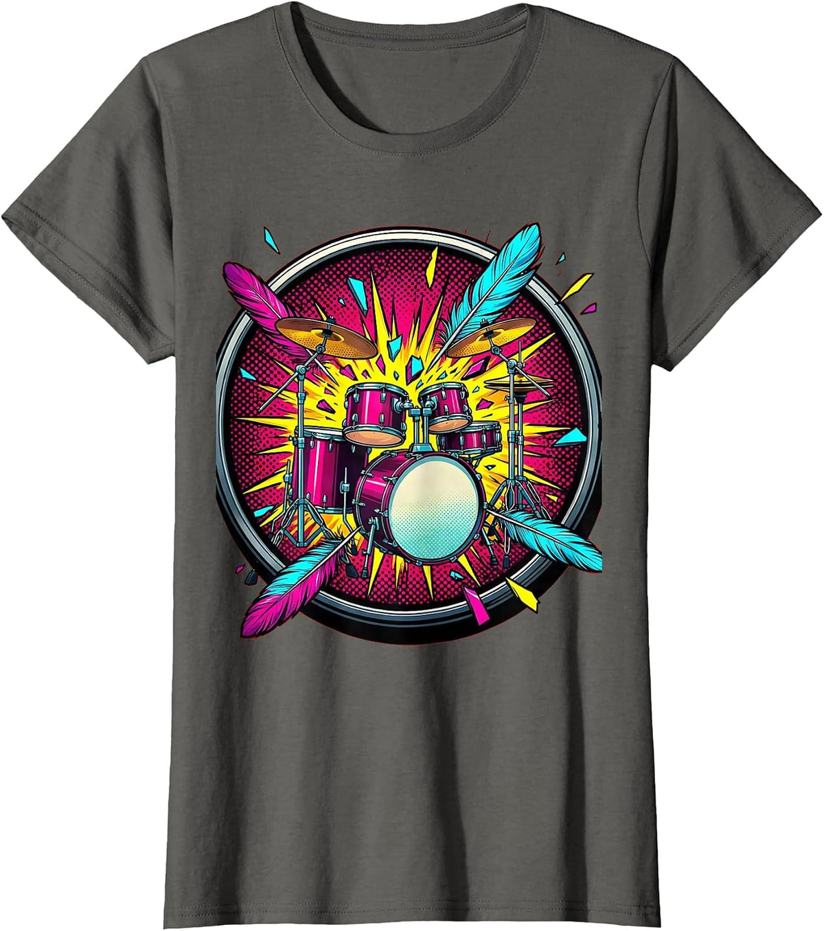 Women's Drum Kit Feather Explosion Music Art Design T-Shirt - Asphalt Grey