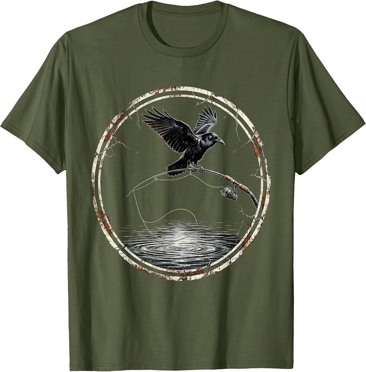 Raven on Fishing Rod Tip Graphic Design T-Shirt - Olive Green