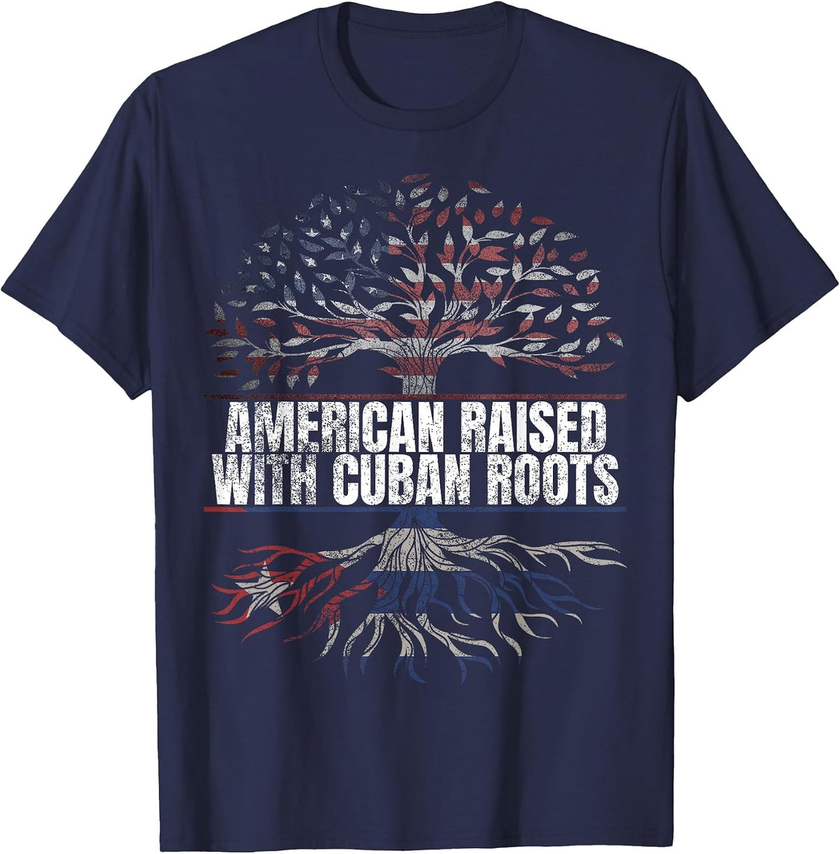 American Raised with Cuban Roots Print Cubano USA Cuba Flag T-Shirt - Navy Blue