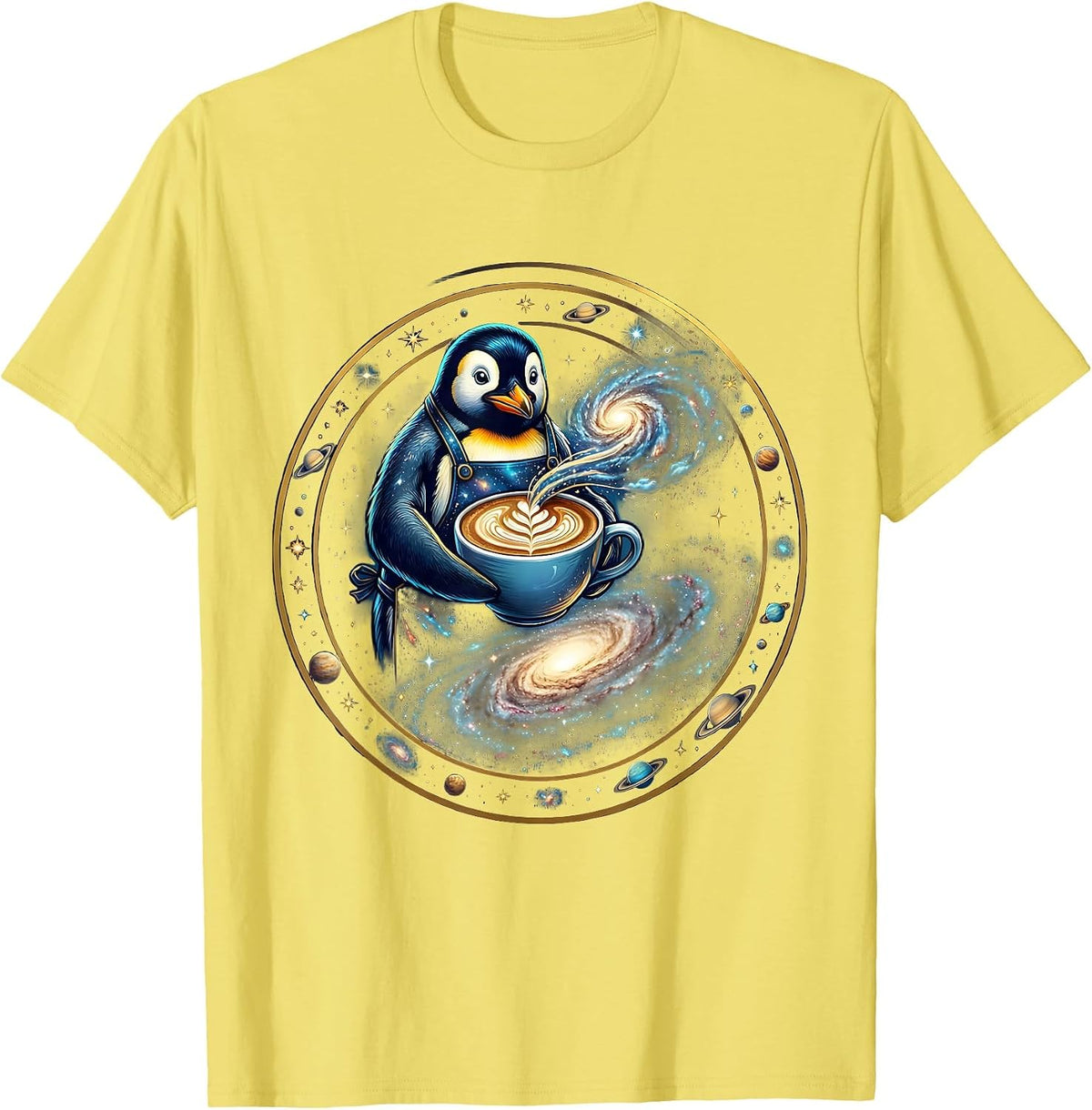 Men's Penguin Barista Latte Art Coffee Lover Design T-Shirt - Lemon Yellow