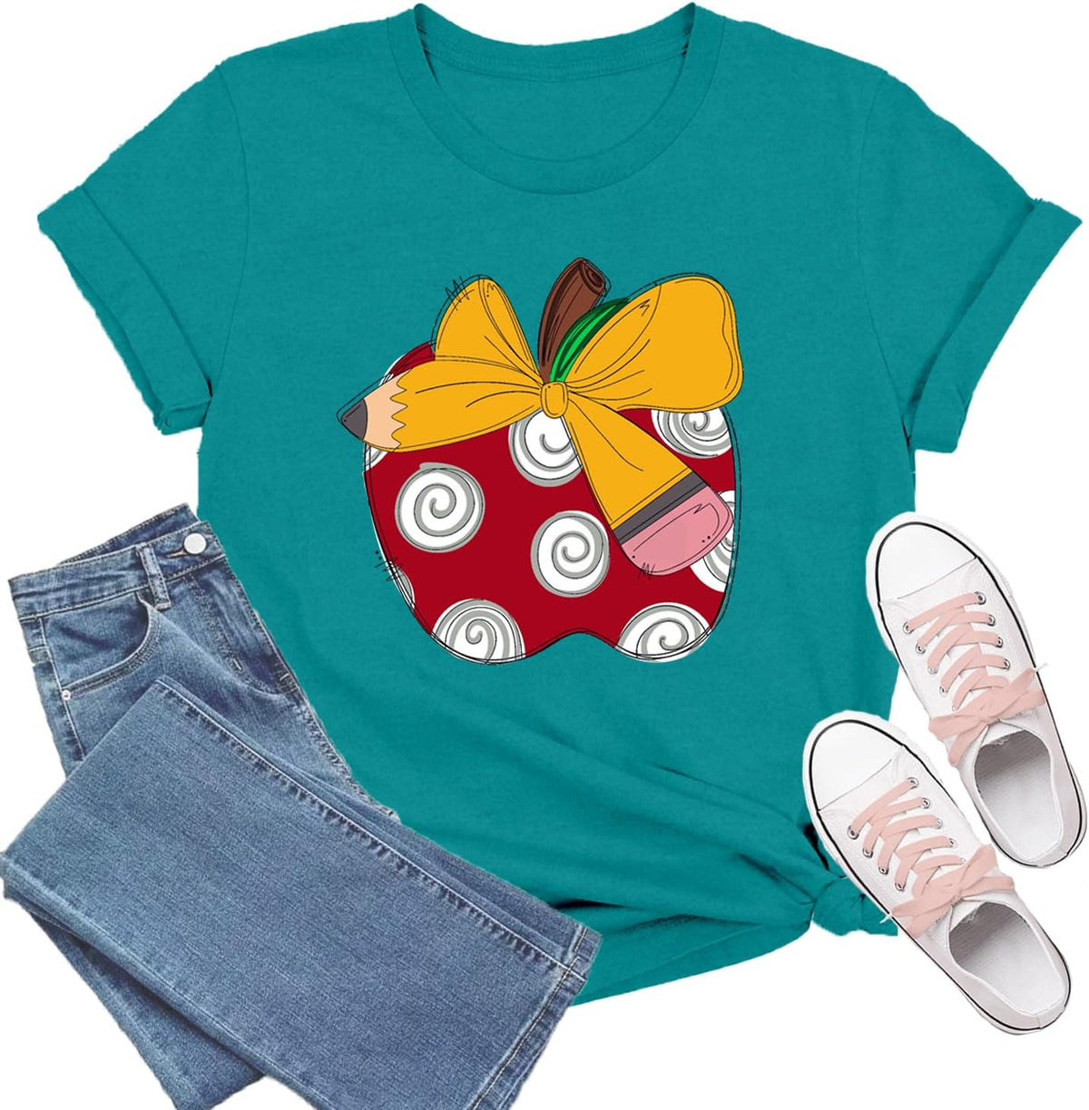 Teacher Shirts for Women Bow Teacher T-Shirt Pencil Teaching Tee Tops - Cyan