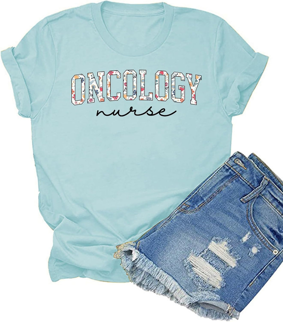 HONTOUTE Womens Oncology Nurse Flower Graphic T-Shirt Nurse Life Short Sleeve Summer Medical Profession Fit Tees Tops - Blue