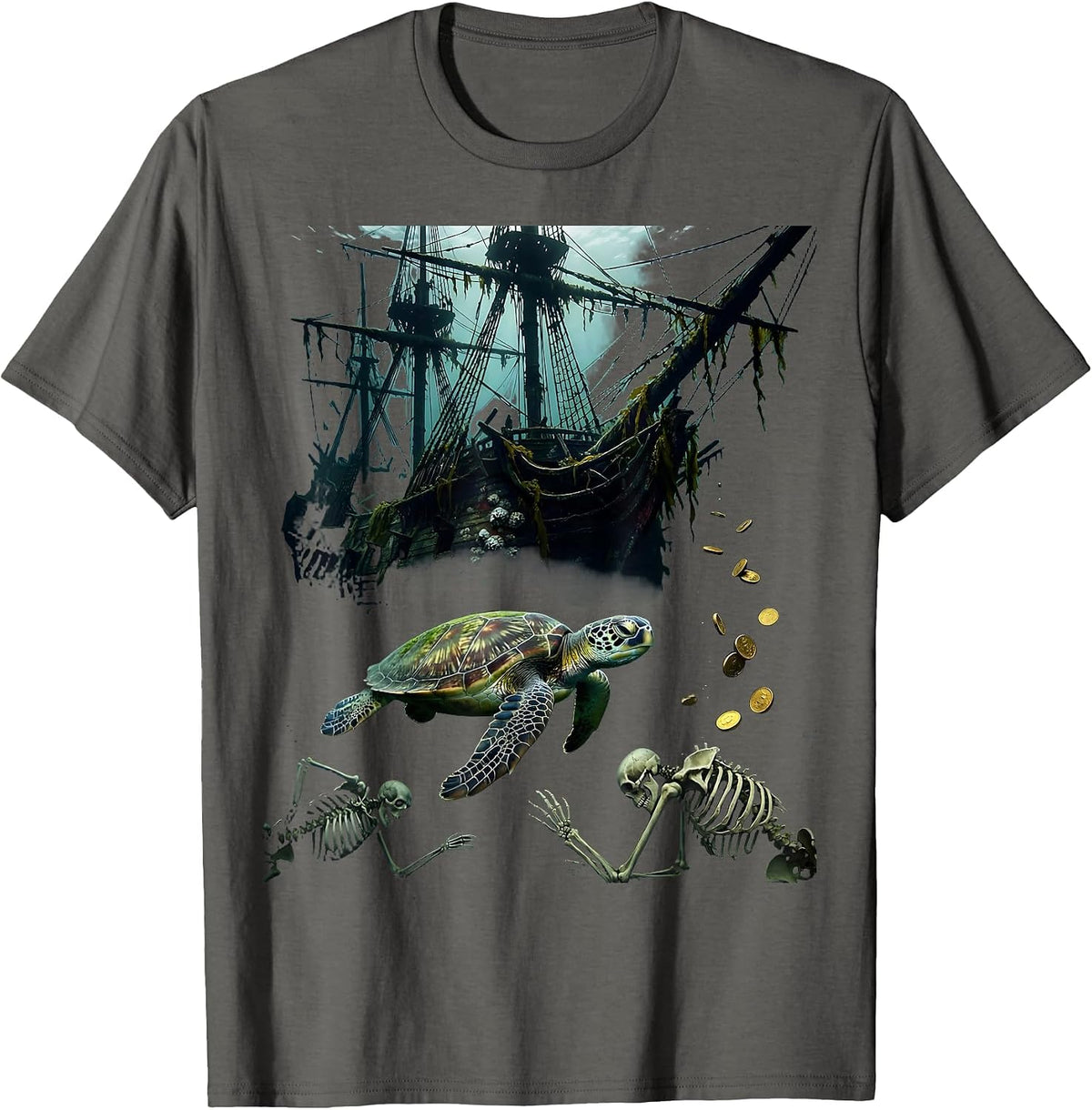 Sea Turtle Shipwreck Pirate Ocean Art T-Shirt - Asphalt Grey