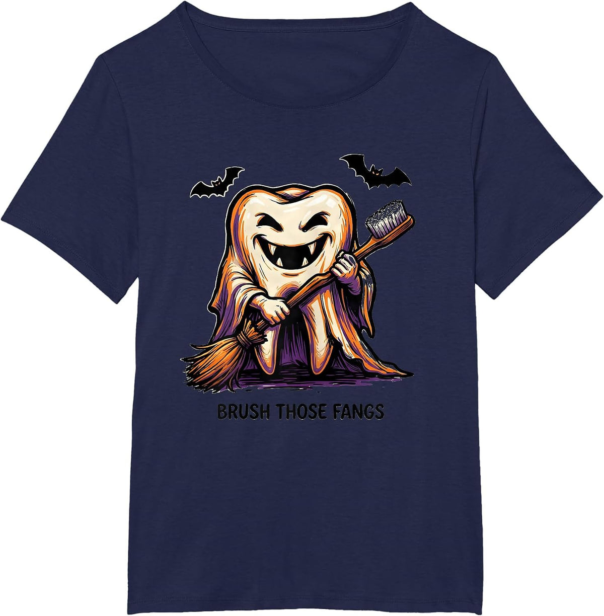 Women's Brush Those Fangs Funny Dental Hygienist Ghost Halloween T-Shirt - Navy Blue