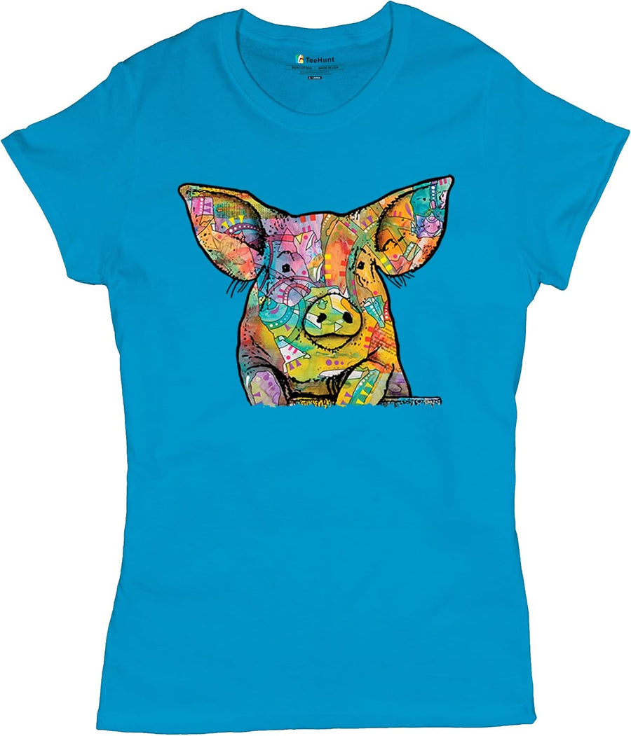 Dean Russo Funny Cute Pig T-Shirt Farm Piglet Lover Barn Women's Tee - Light Blue