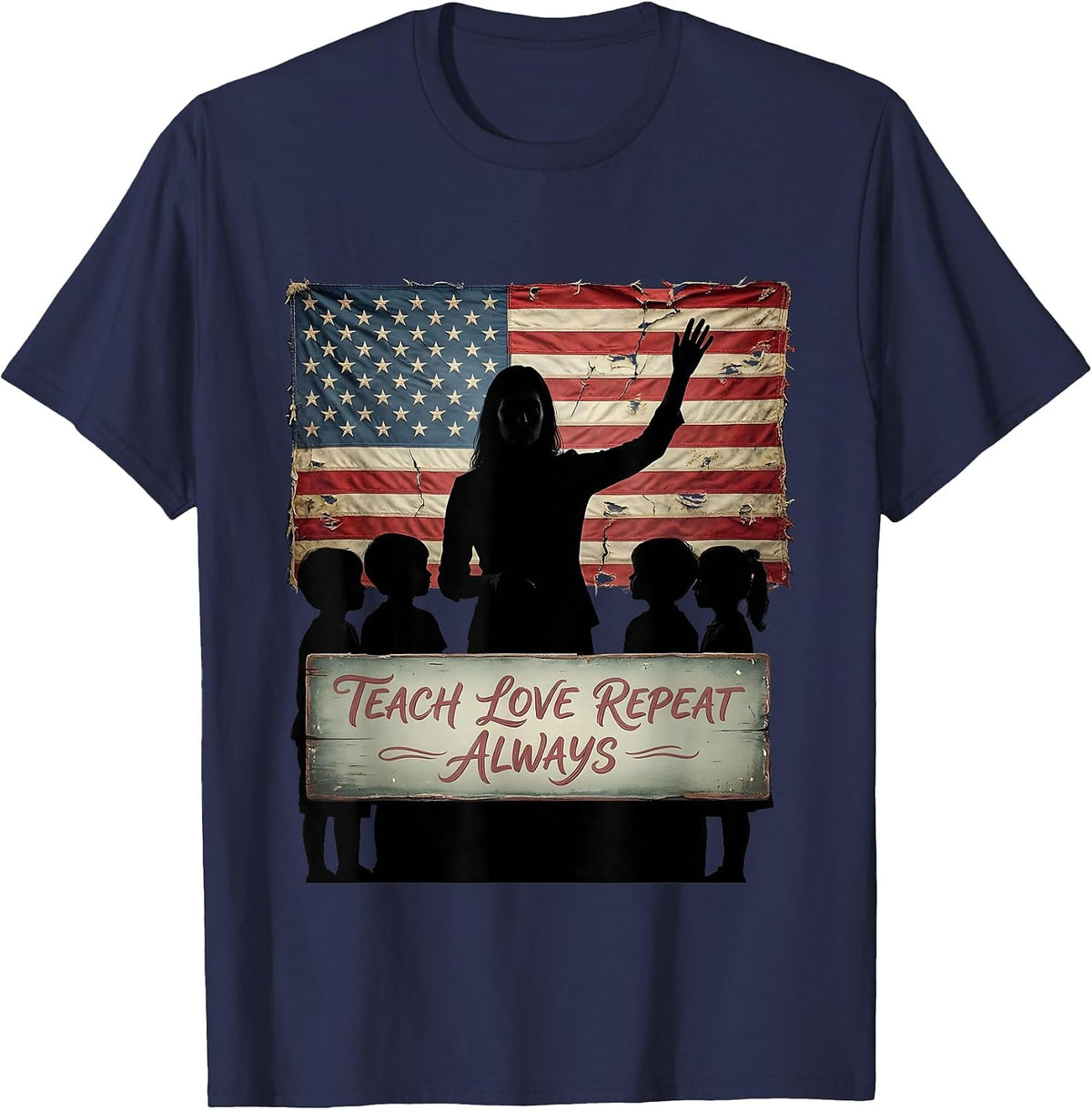 Teach Love Repeat Always Elementary Teacher Design T-Shirt - Navy Blue
