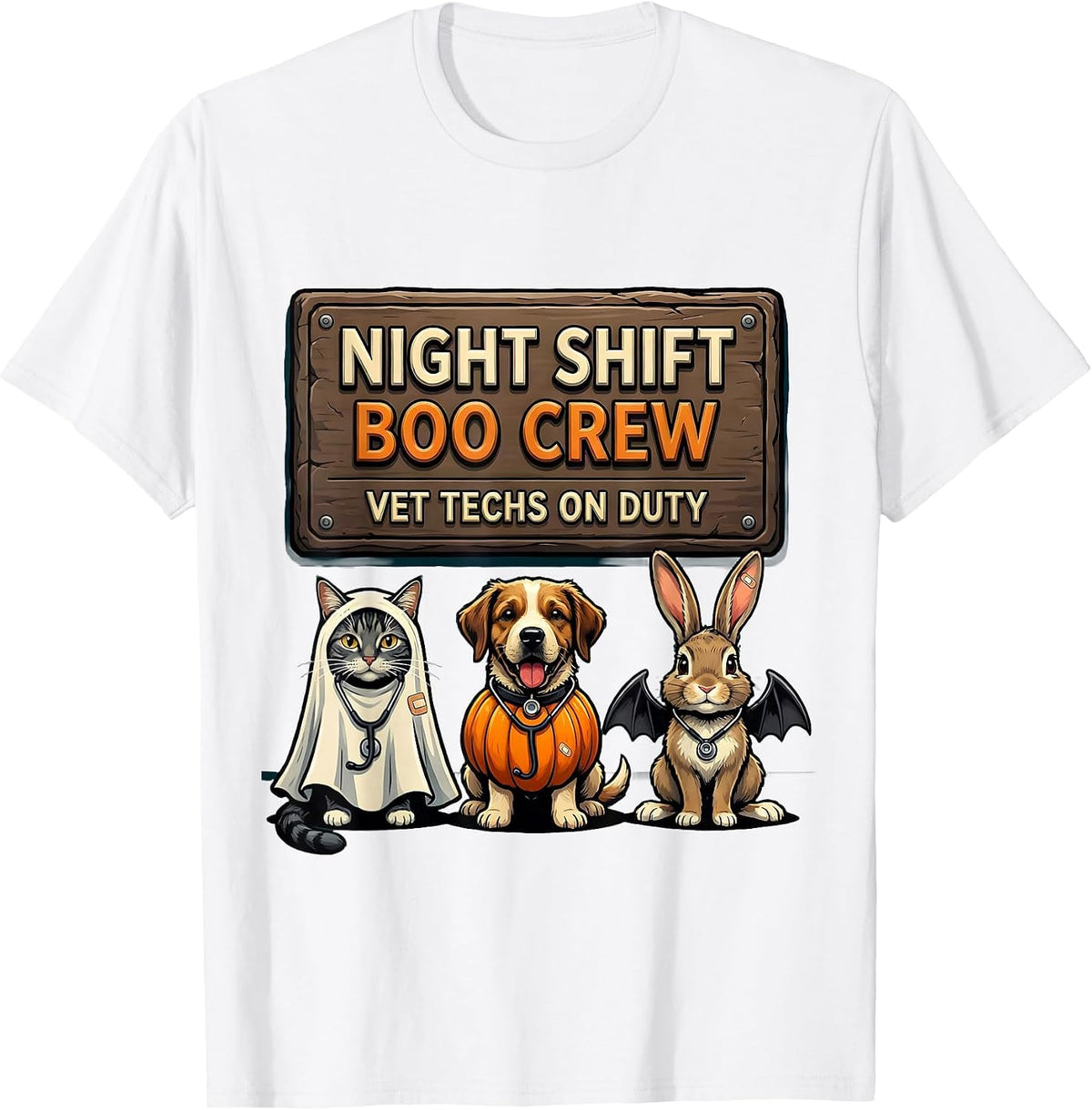 Men's Night Shift Boo Crew, Vet Techs On Duty Funny T-Shirt - White