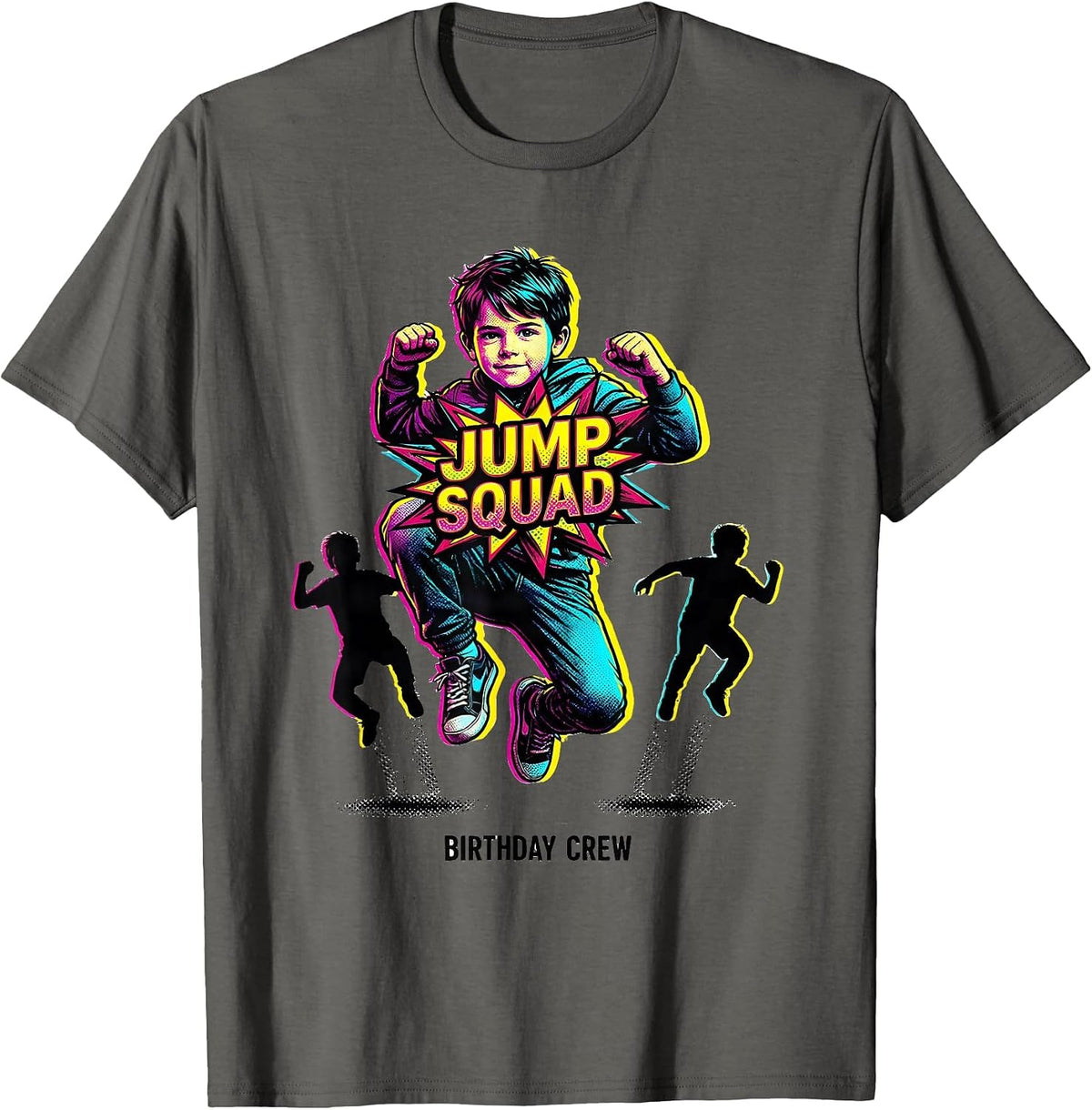 Jump Squad Birthday Crew Pop Art Trampoline Party Kid Gift T-Shirt - Asphalt Grey