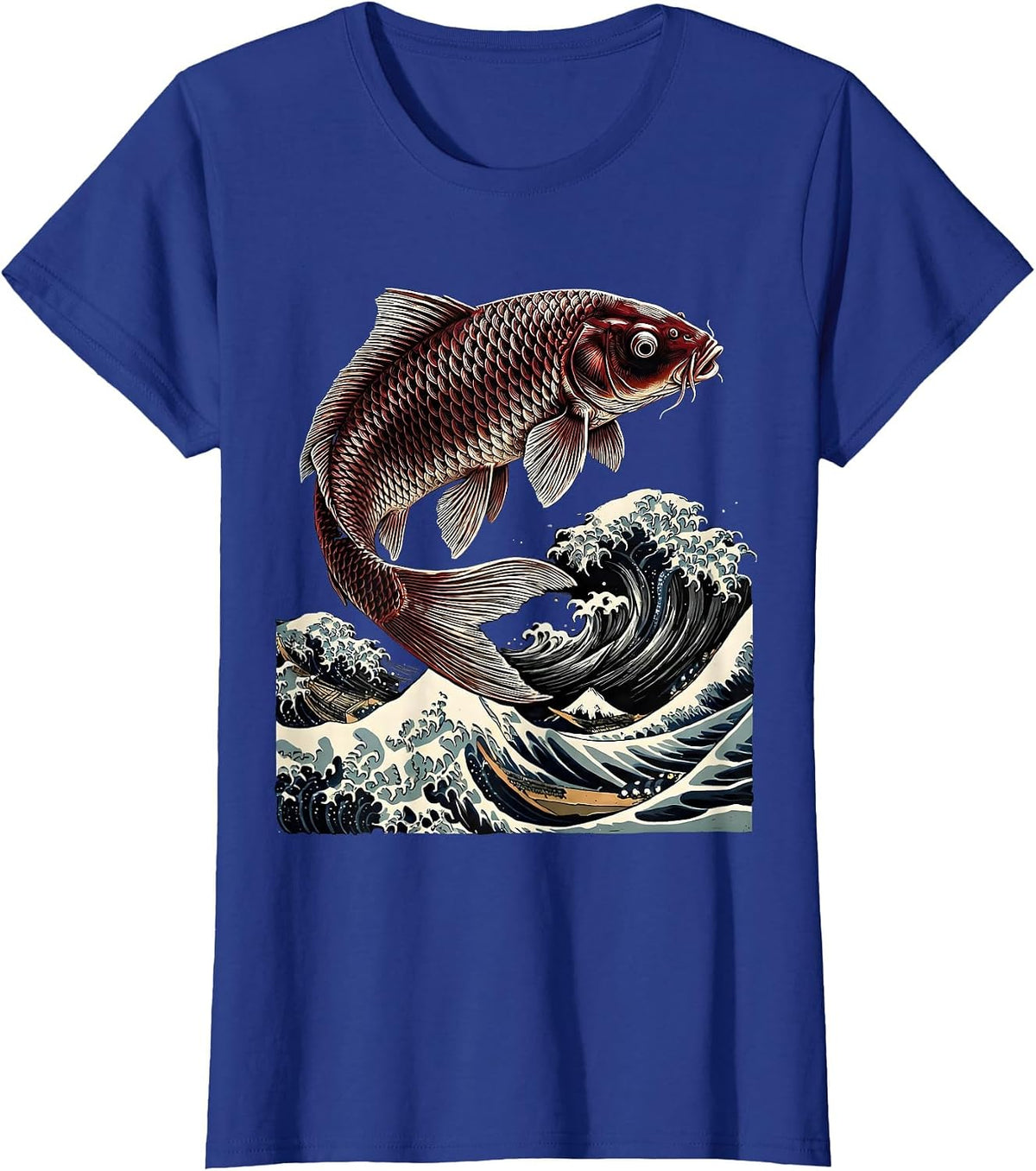 Women's Koi Fish Leaping Over Crashing Wave Japanese Art T-Shirt - Royal Blue