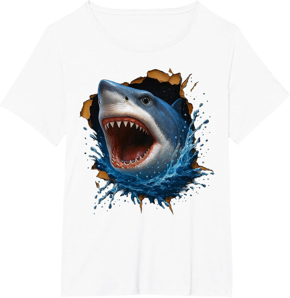 Great White Shark Torn Cloth Funny 3D Graphic T-Shirt - White
