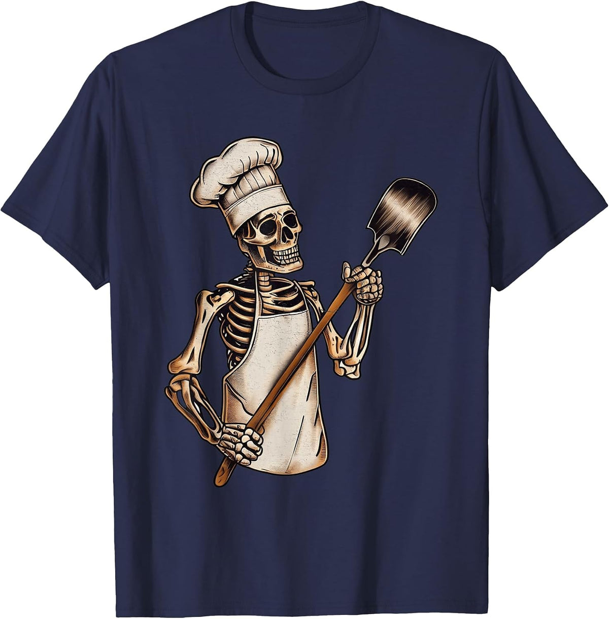 Skeleton Chef Cook Spooky Horror Halloween Costume Party T-Shirt - Navy Blue