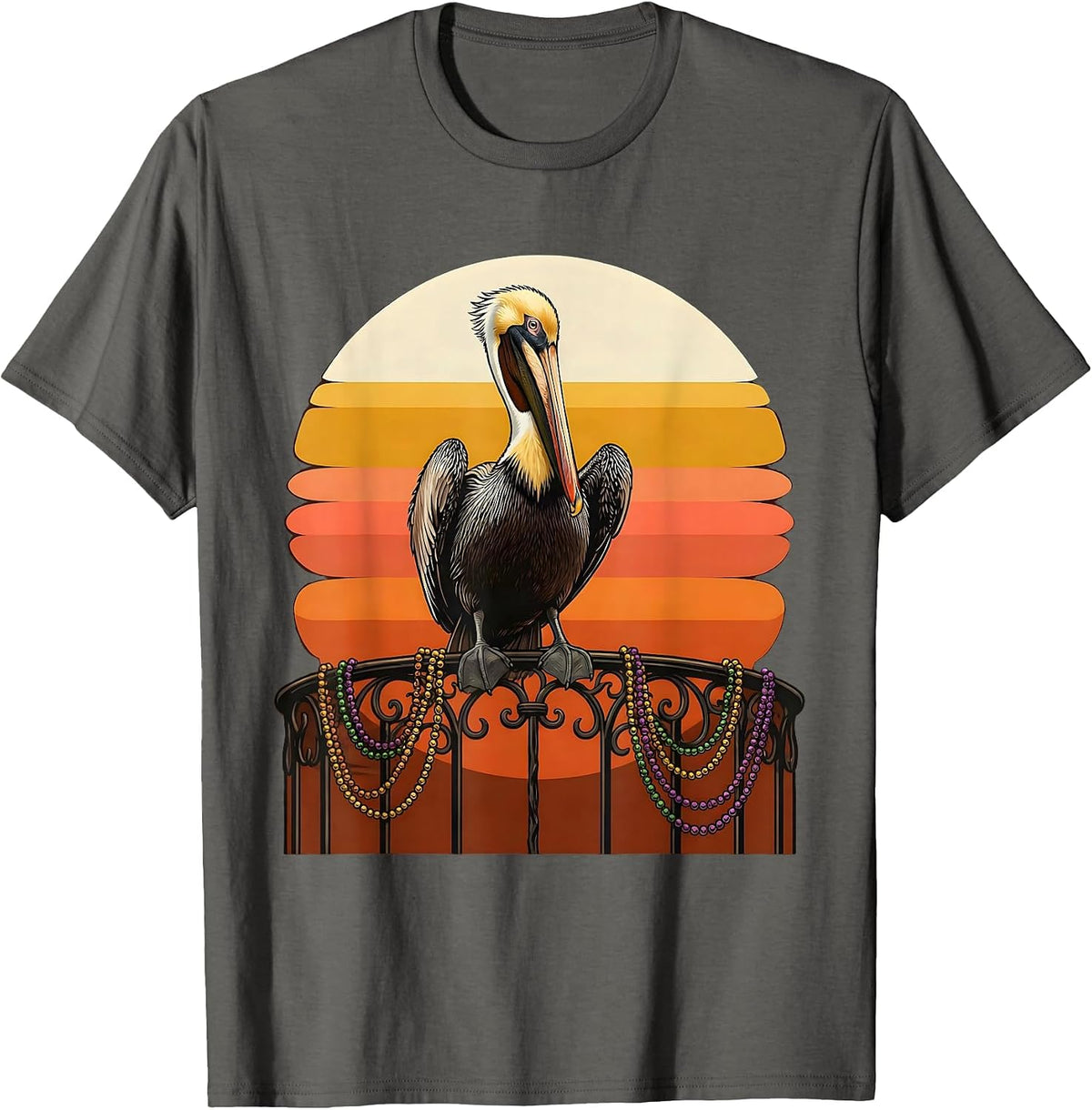 Men's Mardi Gras Pelican Balcony Beads Illustration T-Shirt - Asphalt Grey