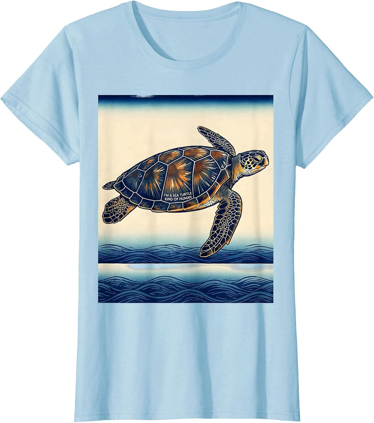 Women's I'm A Sea Turtle Kind Of Human Ukiyo-e Ocean Animal Lover T-Shirt - Baby Blue