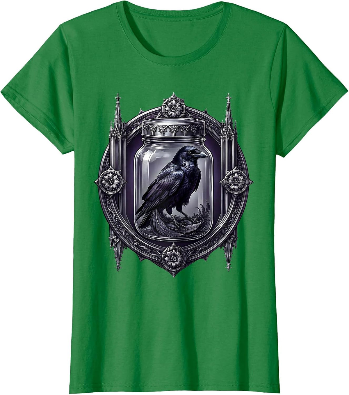 Women's Raven in a Mason Jar Gothic Nature Illustration T-Shirt - Kelly Green