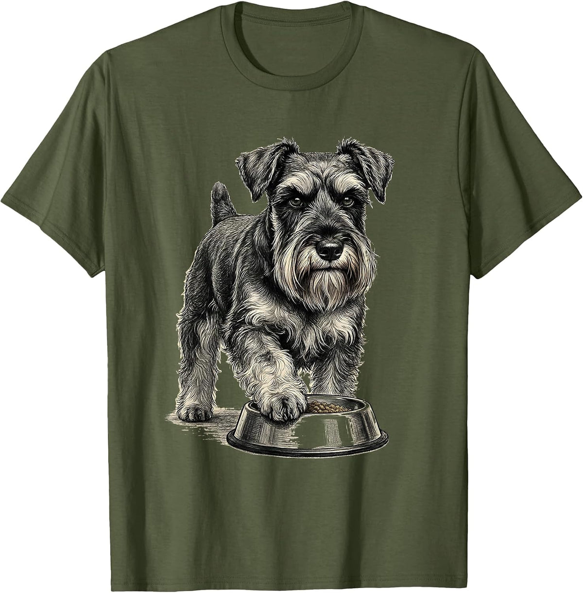 Miniature Schnauzer Guarded Food Bowl Humor T-Shirt - Olive Green
