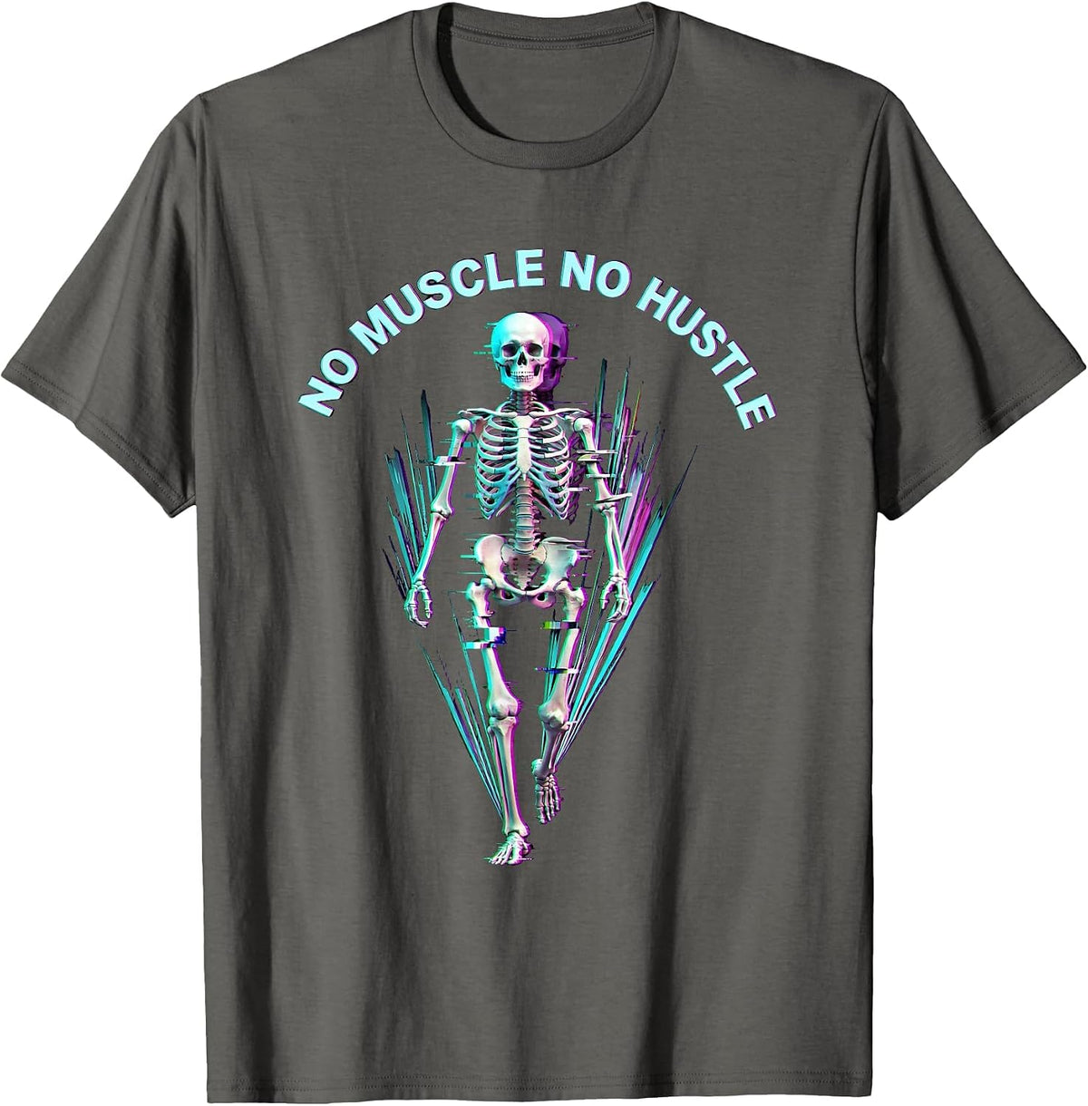 Men's No Muscle No Hustle Skeleton Gym Design T-Shirt - Asphalt Grey