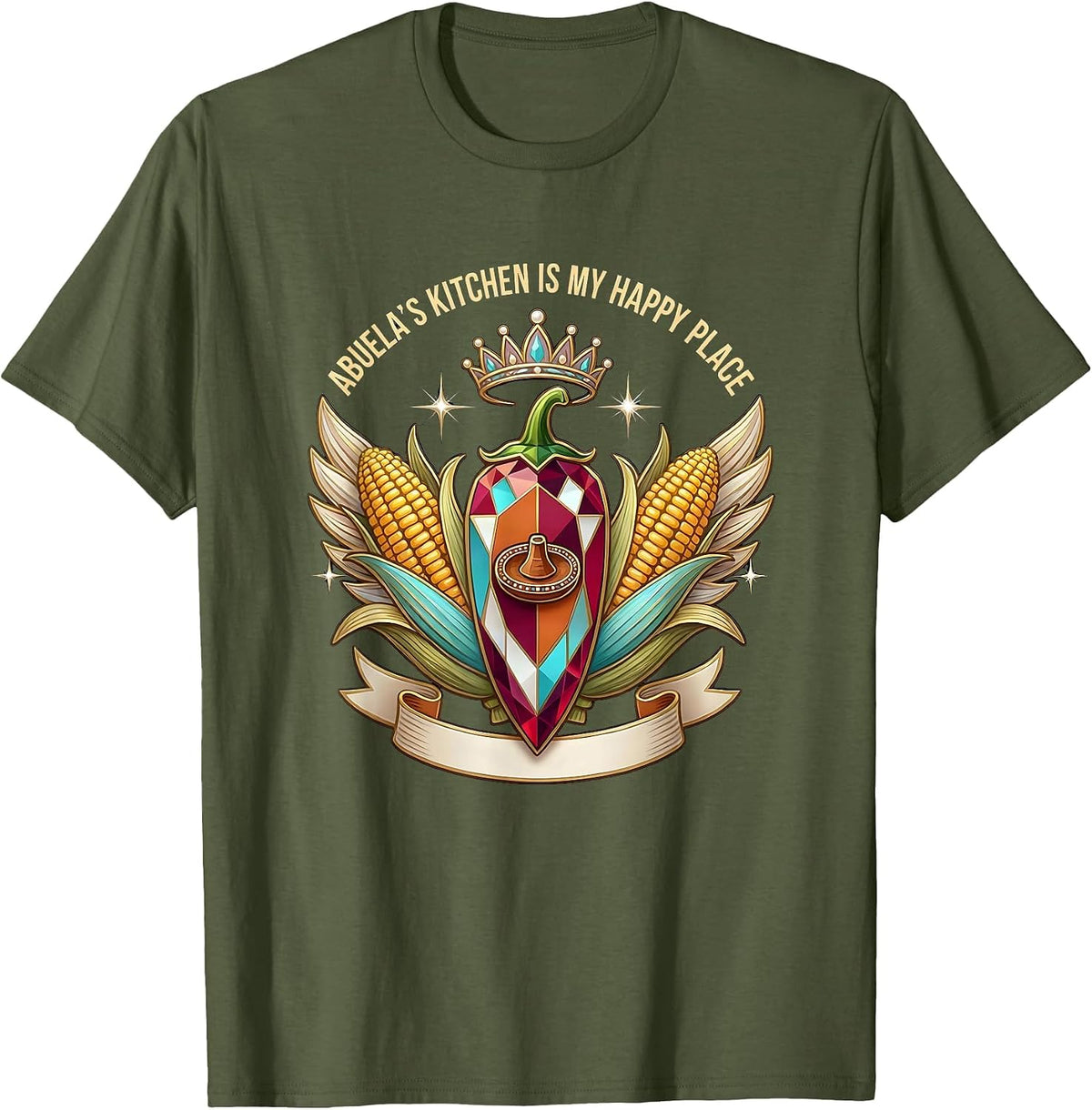 Abuela's Kitchen Is My Happy Place Mexican Design T-Shirt - Olive Green