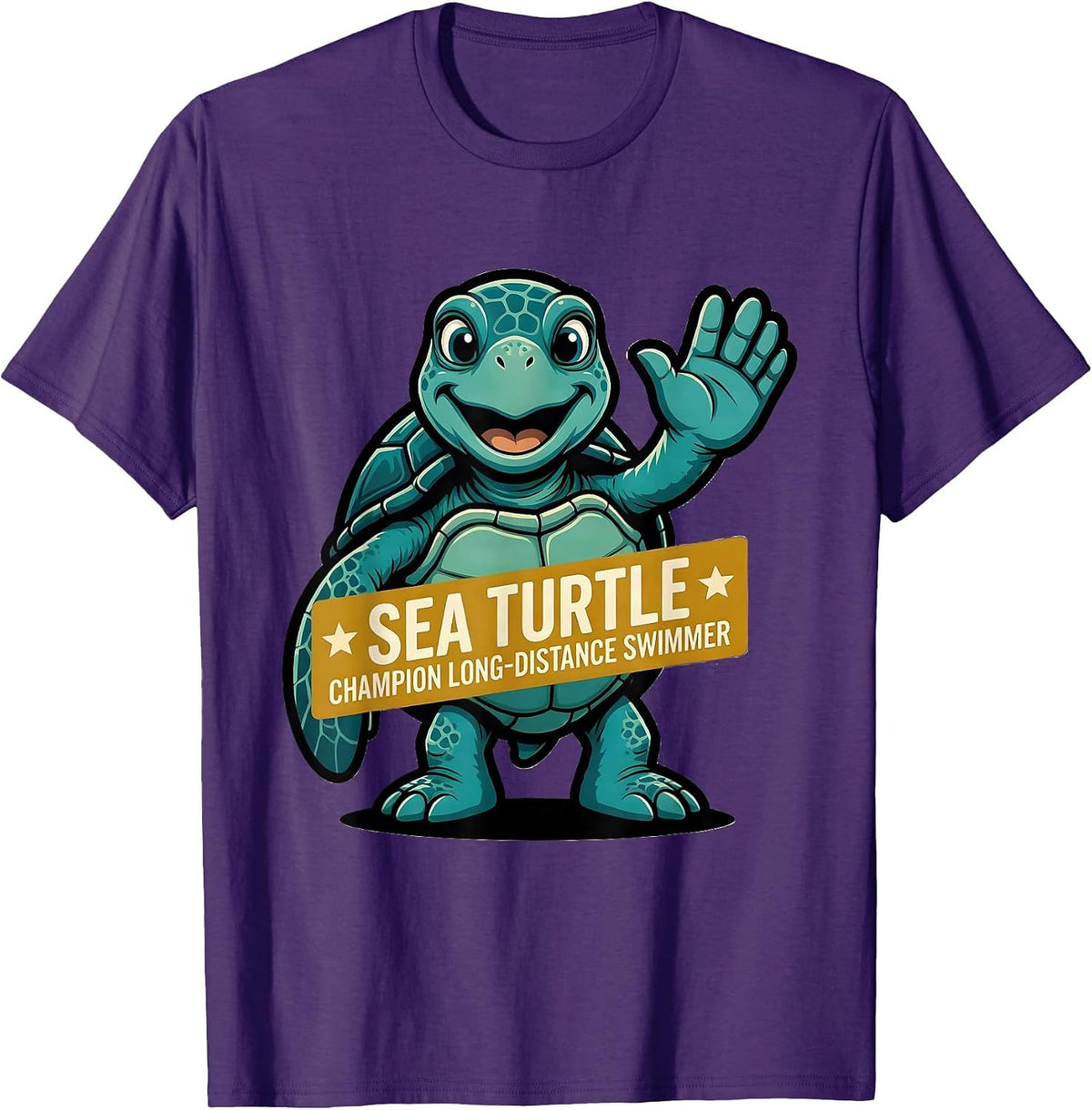 Sea Turtle: Champion Long-Distance Swimmer Retro Mascot T-Shirt - Purple
